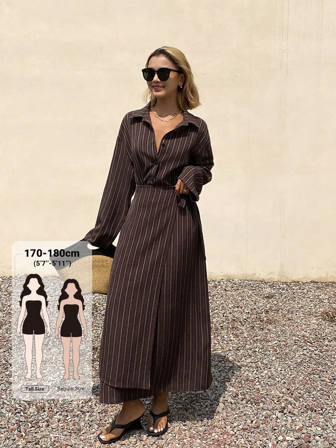 Dazy Tall Women's Striped Lapel Long Sleeve Wrap Tie-Waist Casual Mid-Length Dress
