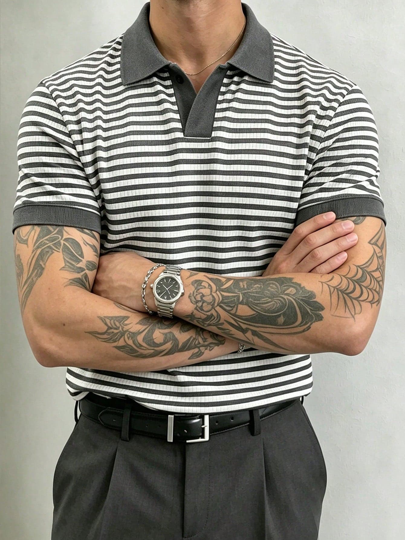 Manfinity Homme Men's Colorblock Striped Print Casual Short Sleeve Polo Shirt, Summer, Ceremony