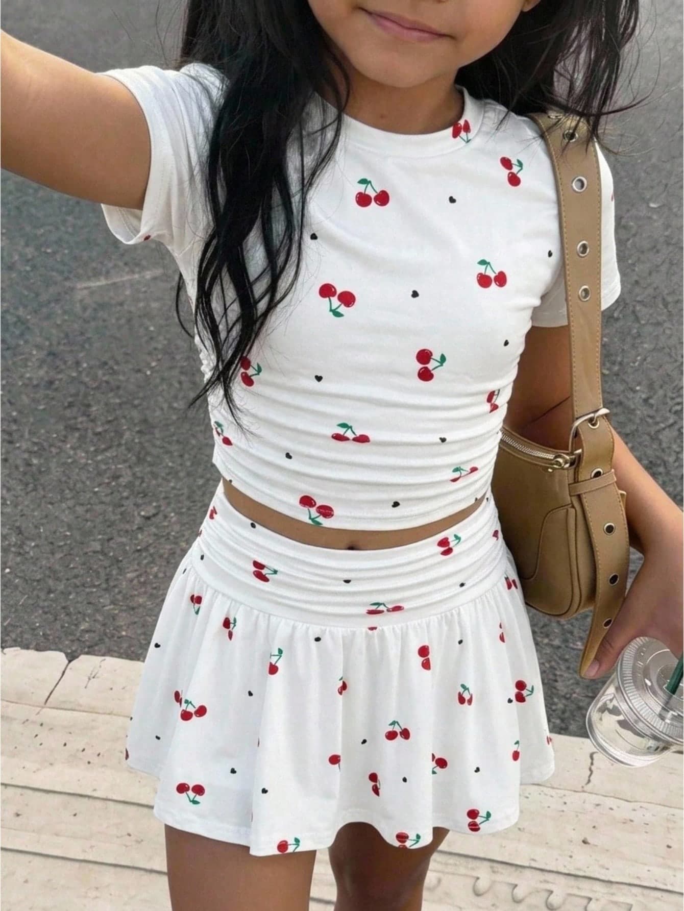 SHEIN Kids Tween Girl Fashion Summer Cute Cherry Polka Dot Fruit Pattern Casual Skirt Set: Short Sleeve Crop Top And Pleated Mini Skirt, Summer Cute Mini Heart Cherry Print, Cherry Girl, Vacation Beach