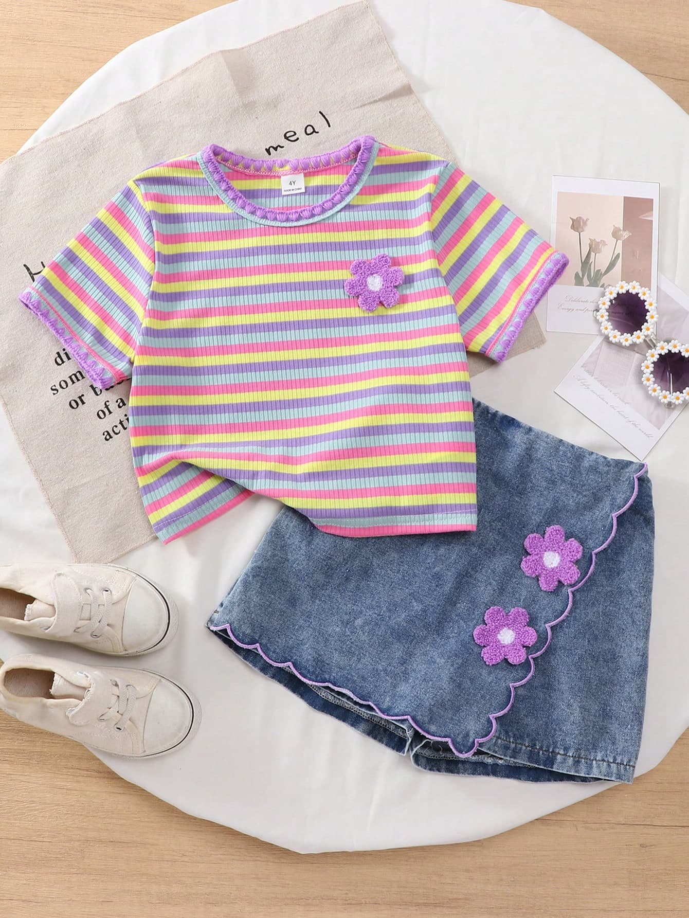 SHEIN Elladie kids Girls 2-Piece Spring/Summer Outfit Set, Round Neck T-Shirt And Denim Skirt Shorts Set, Embroidered Design, Simple Fashion Short Sleeve Shorts Set For Girls