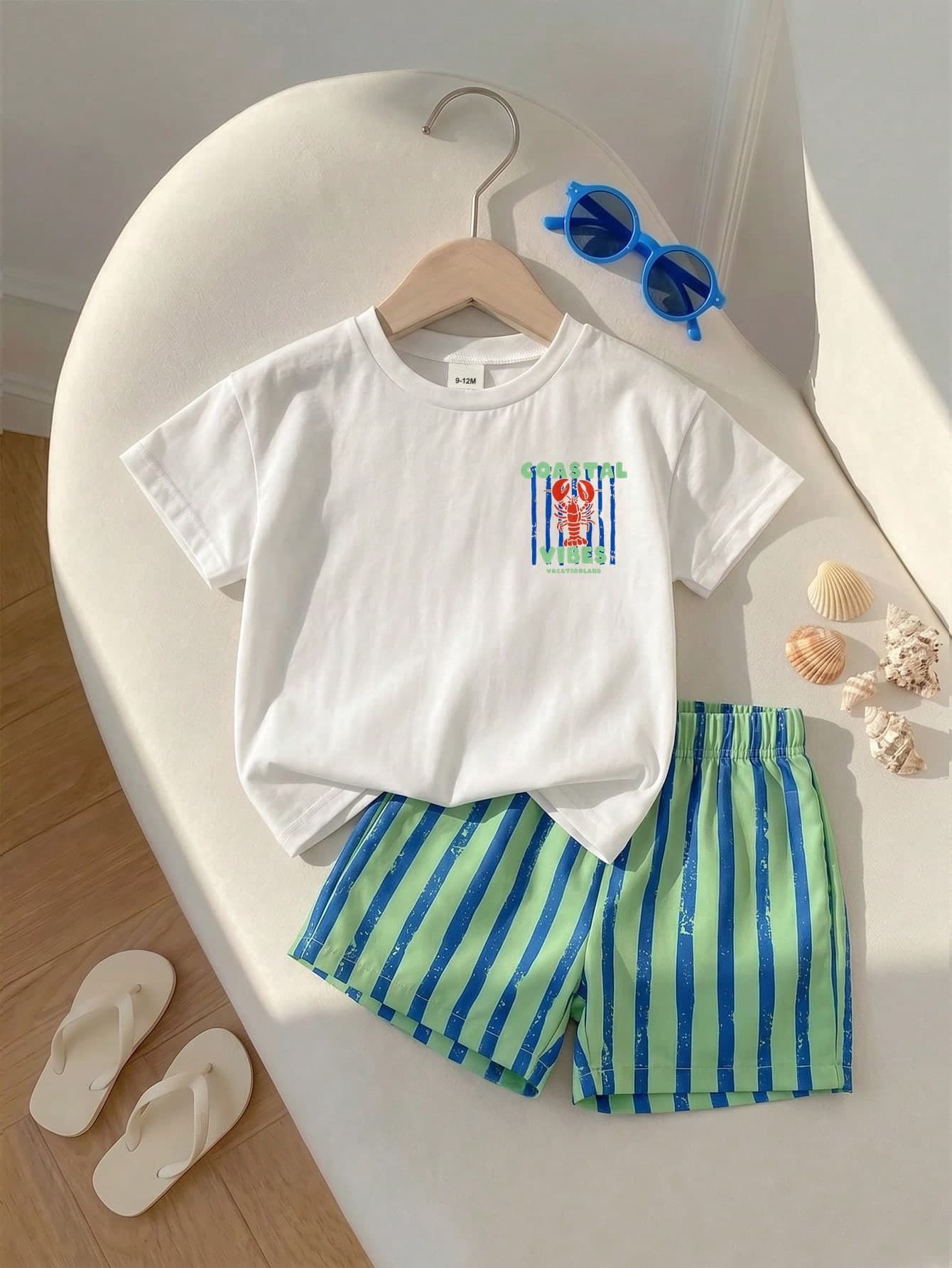 SHEIN Playful Pals Crawfish Print 2 Pieces Toddler Summer Vacation Before And After T-Shirt With Elastic Waist Striped S
