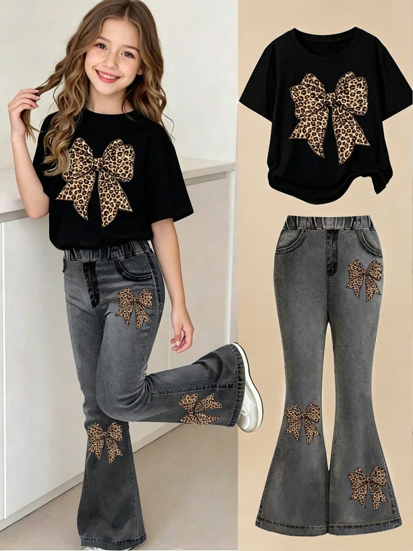 SHEIN Tween Girl Leopard Print Bow Graphic T-Shirt And Flare Pants Set