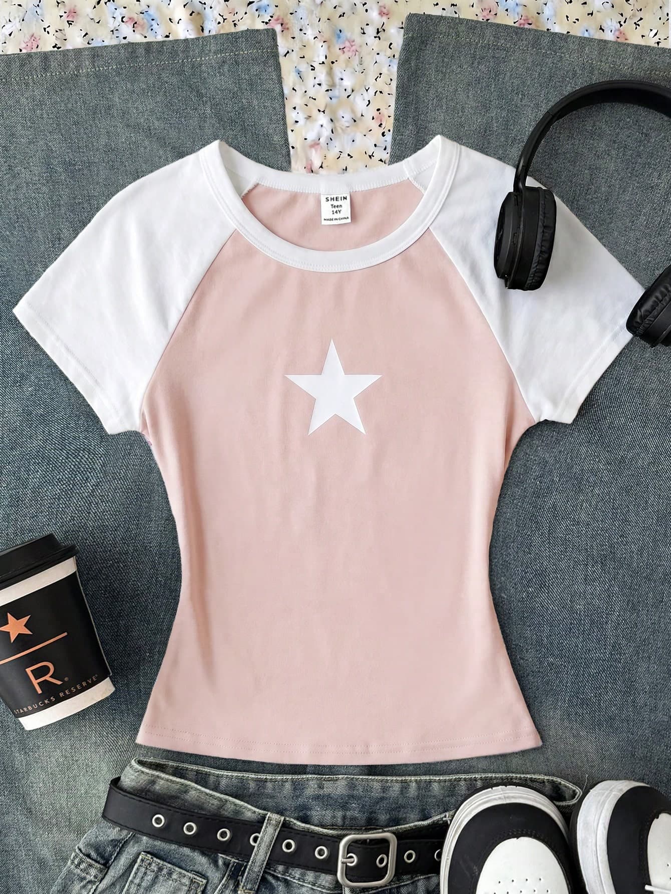 SHEIN Teen Girls Short Sleeve Patchwork Contrast Color Star Print Elastic Slim Fit T-Shirt