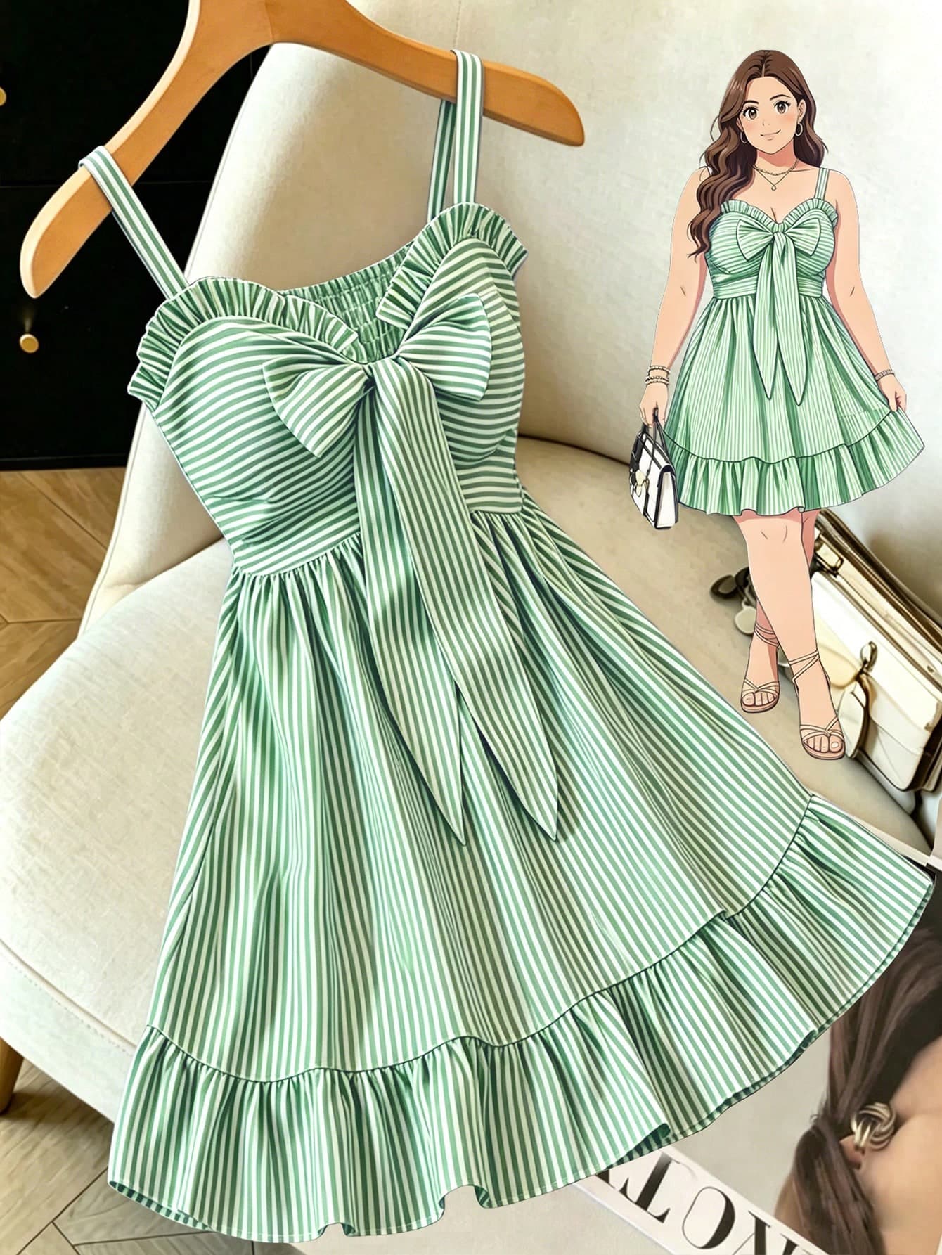 SHEIN LUNE CURVE Plus Size Women's Summer Holiday Blue & White Striped Sleeveless Ruffle Tie Bow Casual Elegant Commute Date Adjustable Shoulder Strap Cinched Waist A-Line Short Dress