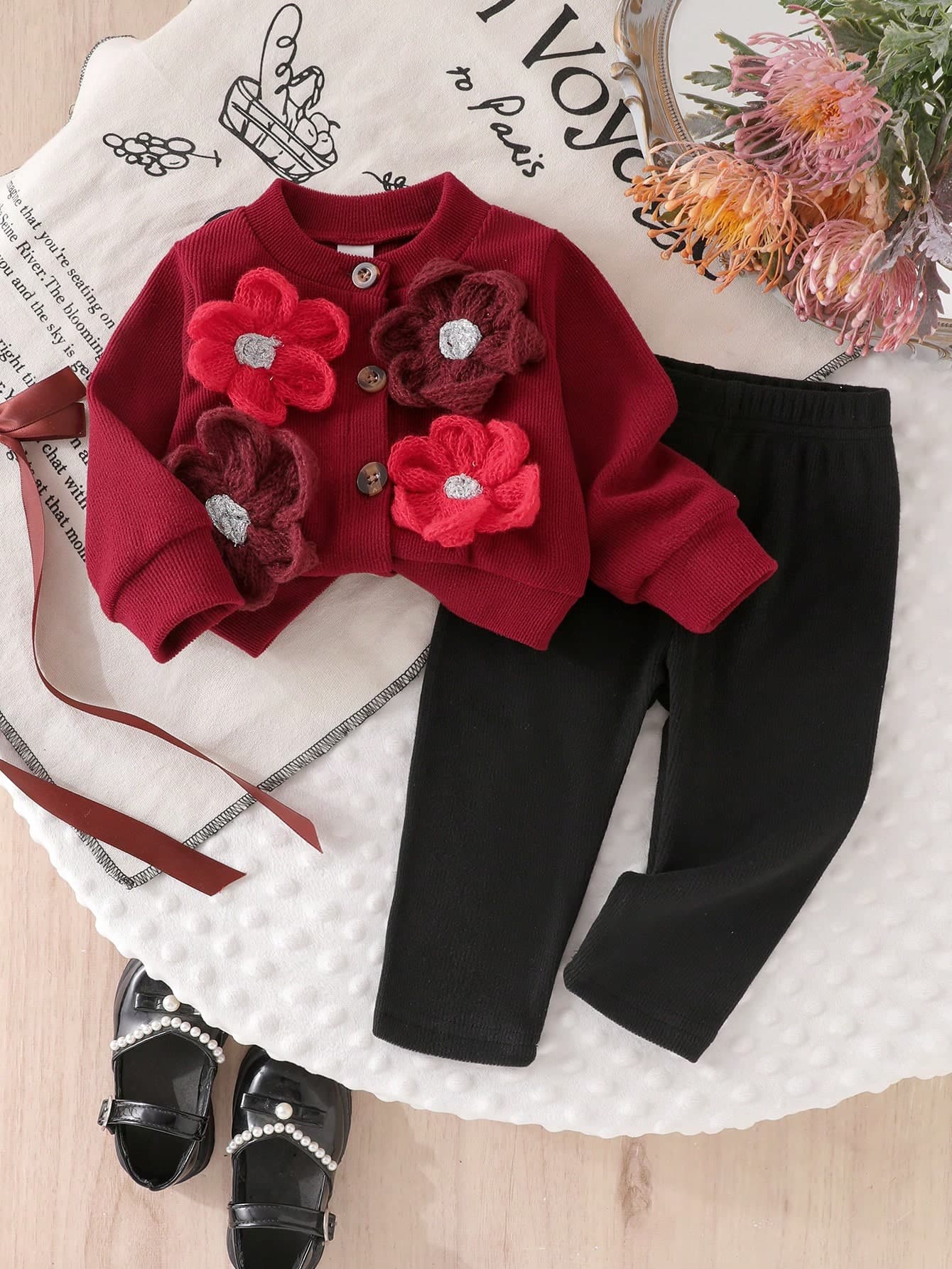 SHEIN Infant/Toddler (Girl) Burgundy Black Ribbed Long Sleeve Cardigan Jacket With Large Flower Decoration And Solid Color Long Pants 2-Piece Set, Cute