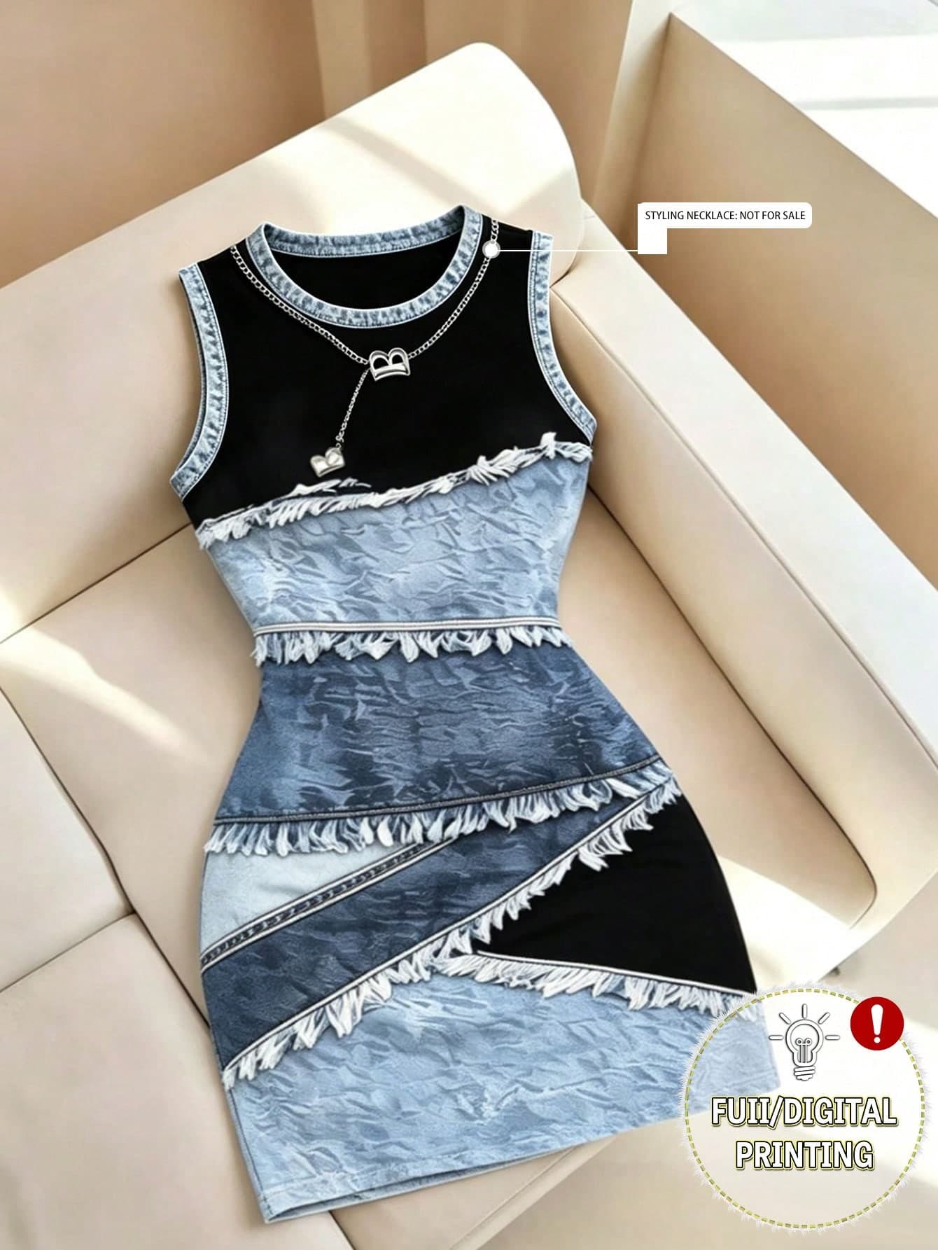 Resyla Round Neck Women's Contrast Color Patchwork Digital Print Midi Dress