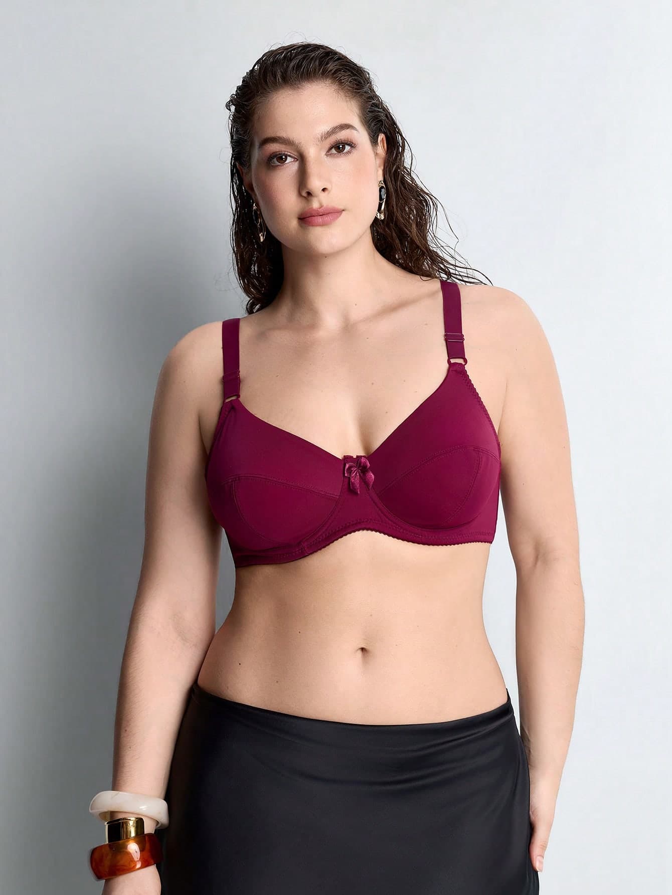 Slumbrini One Piece Plus Size Solid Color Stretchy Ultra-Thin Underwire Bra, Simple For Daily Wear