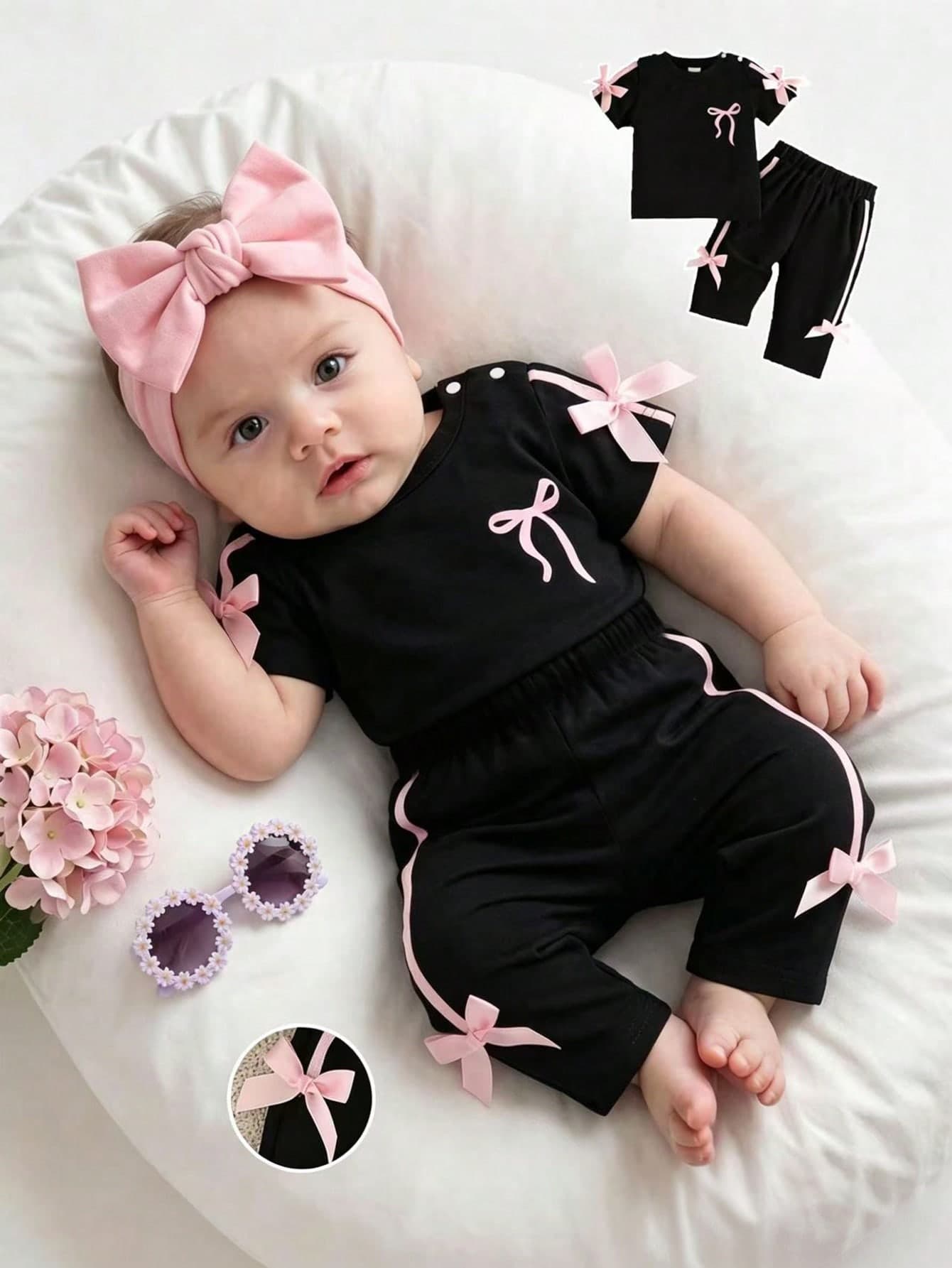 SHEIN Newborn Baby Girl Pink Black Fashion Set Short Sleeve Top With 3D Bow Cute Outfit For 0-9 M Babies