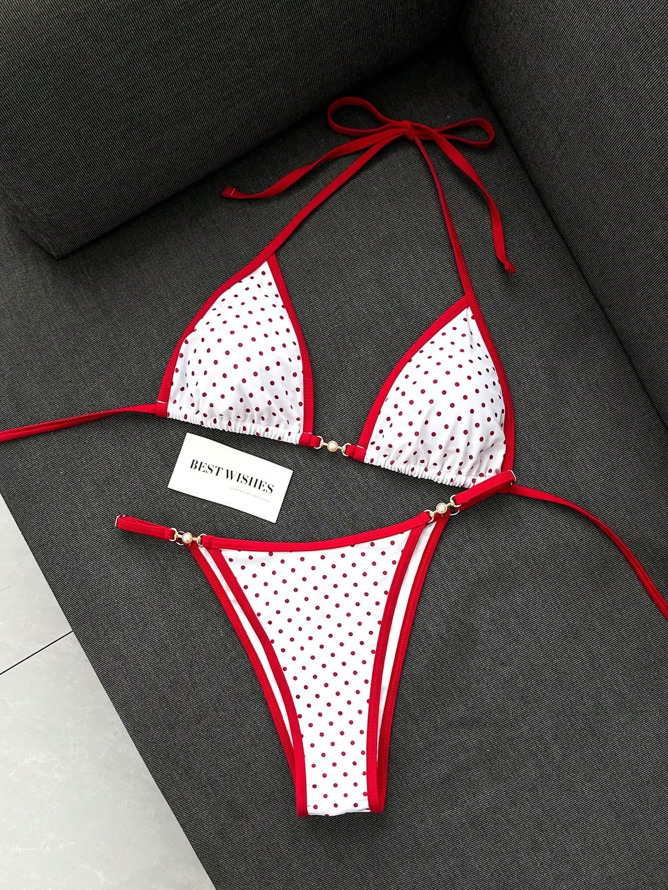 Swim Mod New Women's 2-Piece Bikini Swimsuit Set, Summer Beach Versatile Sweet Series, Red And White Color Scheme, Hot-Selling Red And White Polka Dot Print, Red Contrast Trim Design, Adjustable Triangle Bikini Top And Bottom Set, Decorated With Pearl Accessories, Sweet Style, Suitable For Summer Beach Vacation Wear