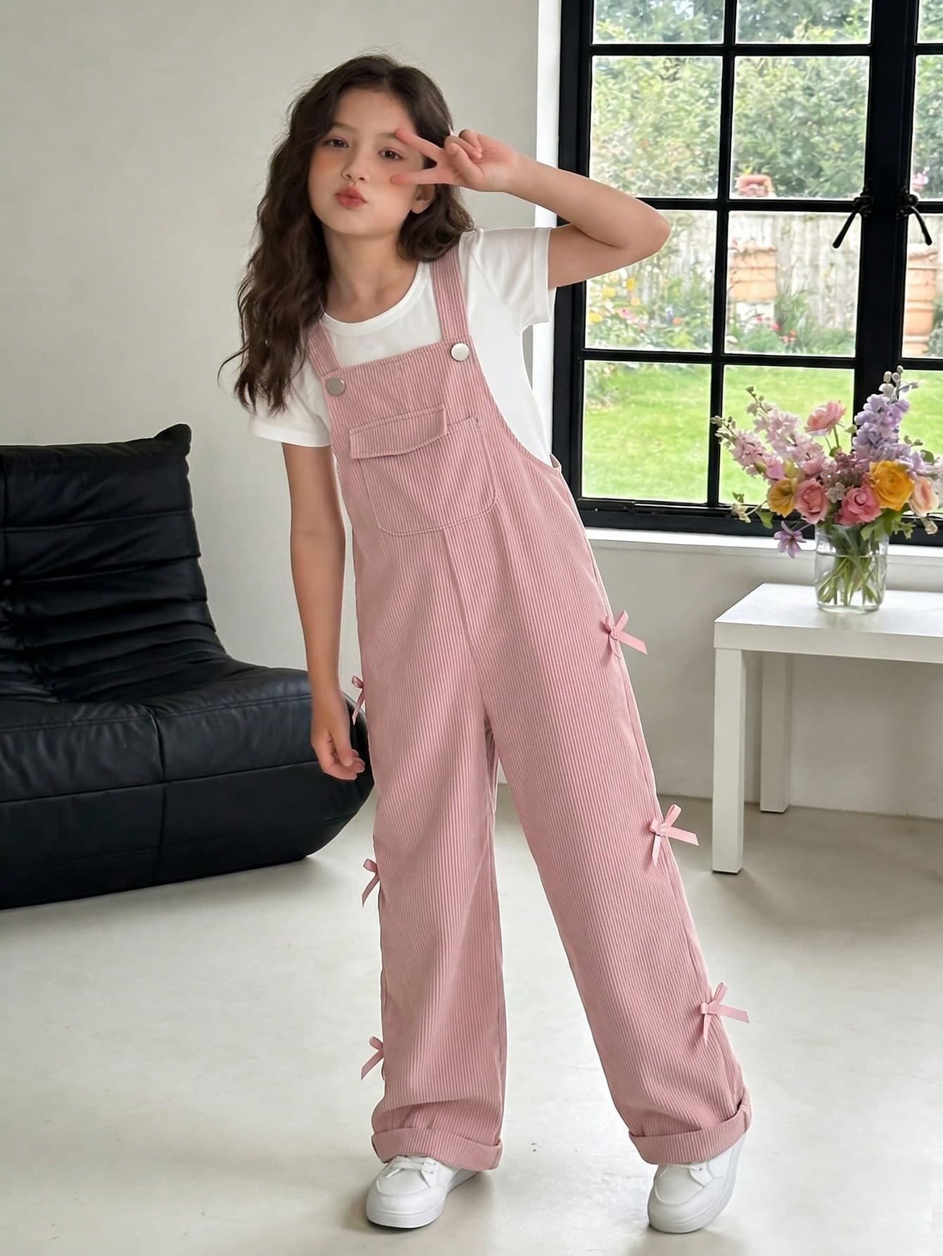 Tween Girls' Corduroy Overalls, White, Front Pocket Design, Bow Accents, Loose Straight-Leg Jumpsuit, Soft And Comfortable, Summer