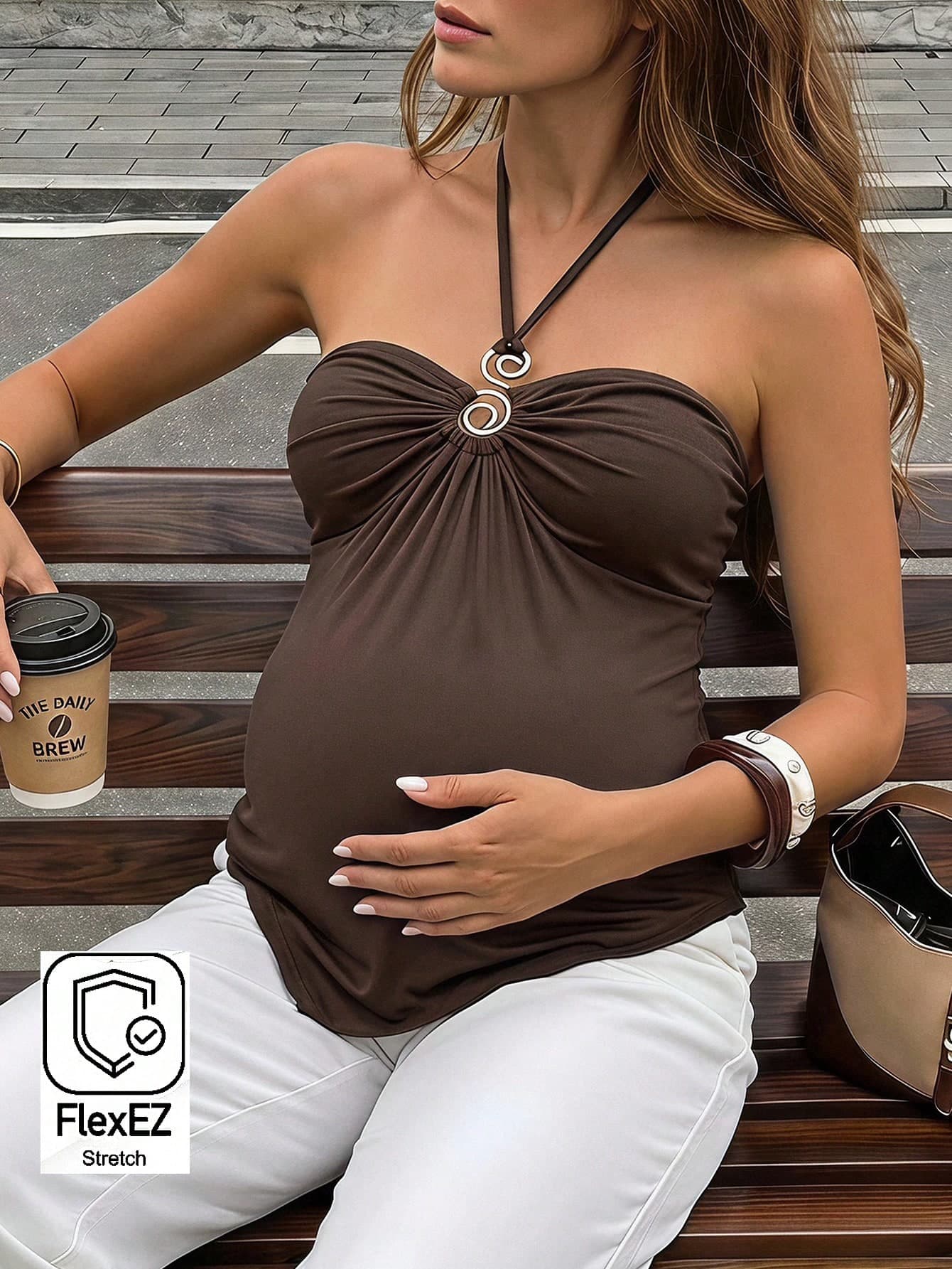 SHEIN Maternity Solid Color Minimalist Halter Neck Camisole Summer Outfits  Casual Baby Shower Outfits  Beach Top