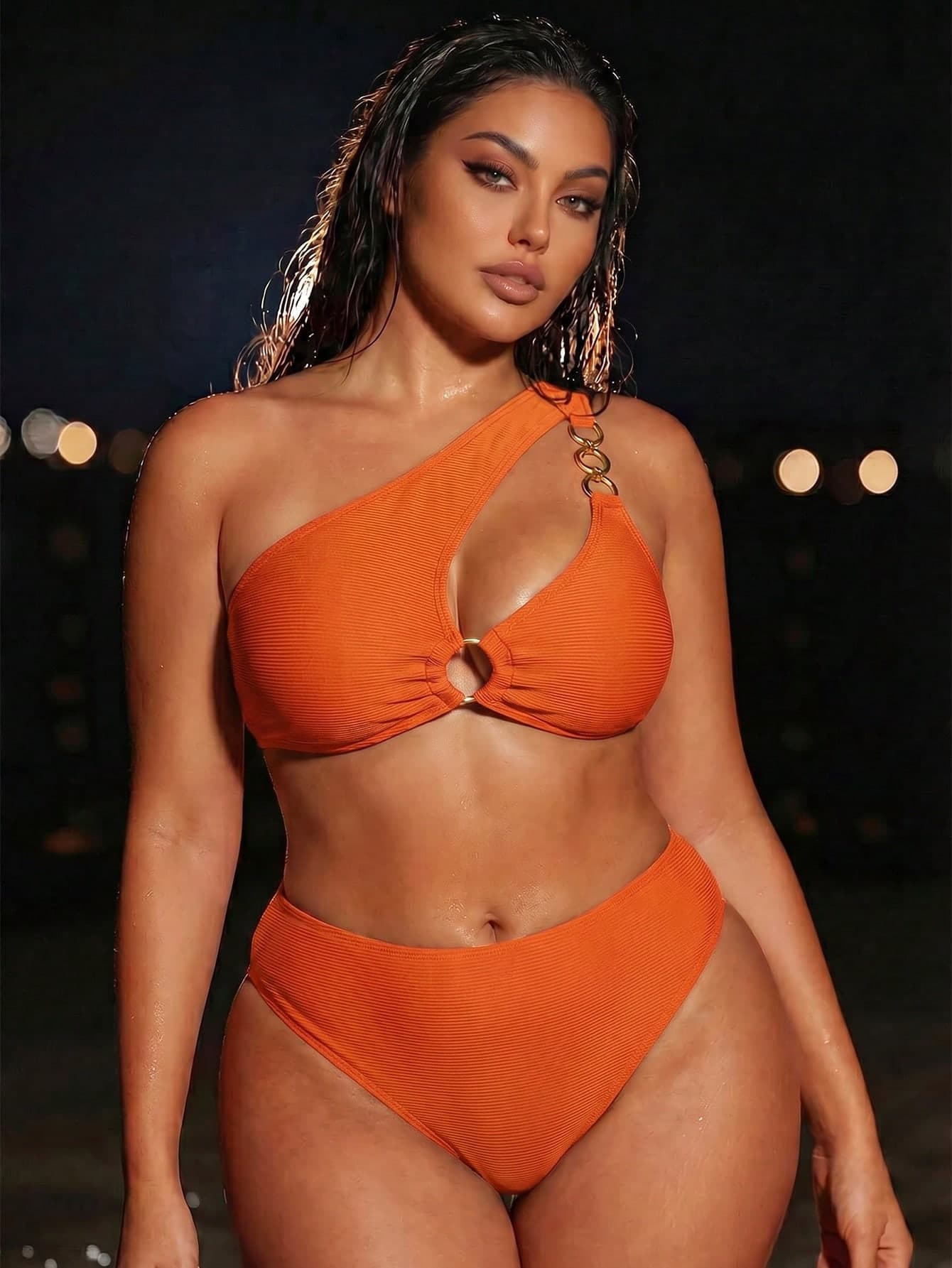 Swim SXY Plus Size Women 2-Piece Solid Color One-Shoulder Sexy Beach Vacation Bikini Swimsuit Burnt Orange Summer