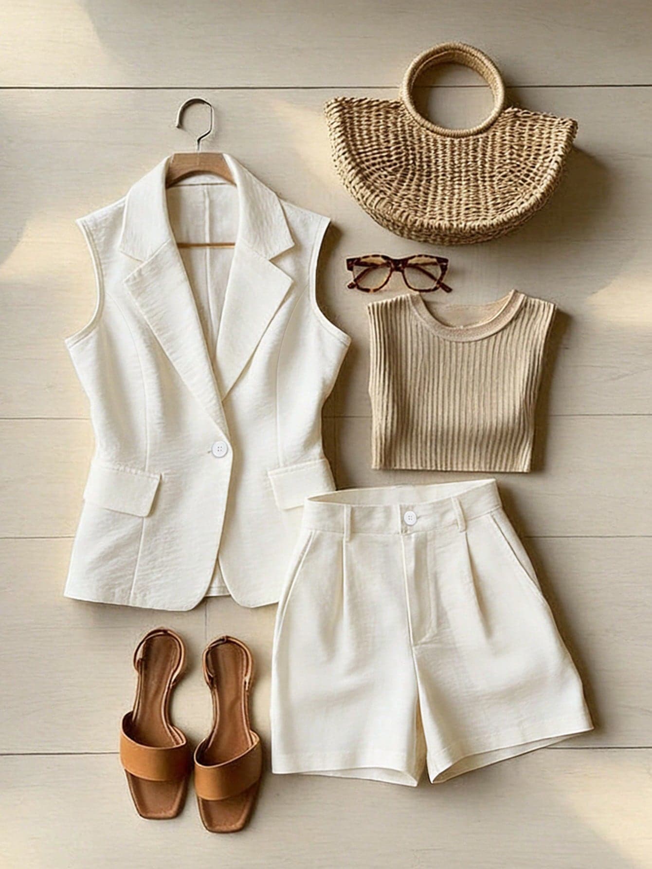 Franclia Women's Elegant Sleeveless Suit Set,Textured Off-White Summer Shorts Set,French Style Business Casual Outfits For Holiday,Vacation,Office & Holiday