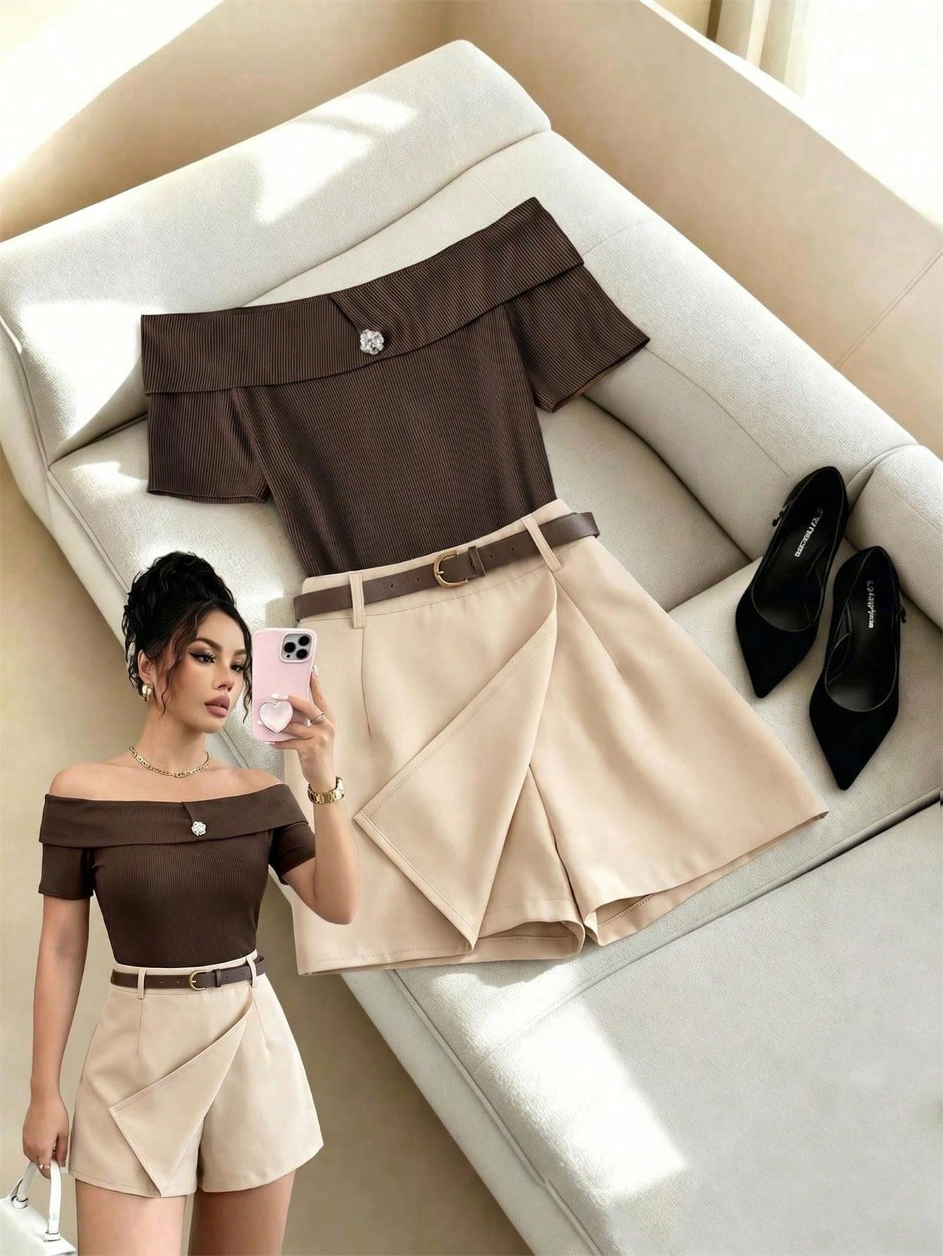Franclia Women's Elegant Smart Casual Dark Brown Beige 2Pcs Suit,Summer Brunch Birthday Off Shoulder Long Sleeve T-Shirt Short Culottes With A Belt