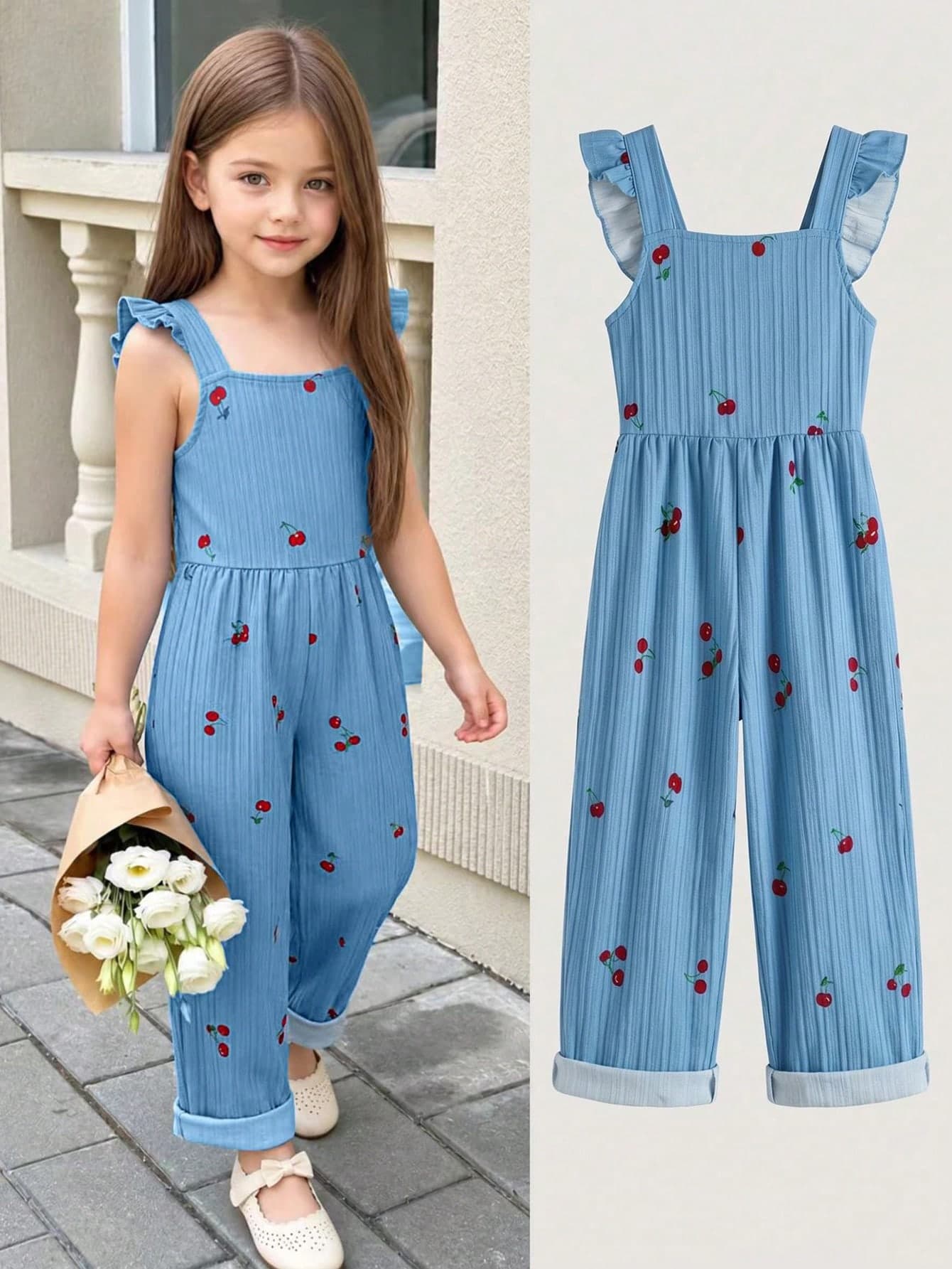 Genkimix Kids 1pc Vintage Casual Fitted Unique Cherry Print Jumpsuit, Suitable For Outdoor Summer And School Blue