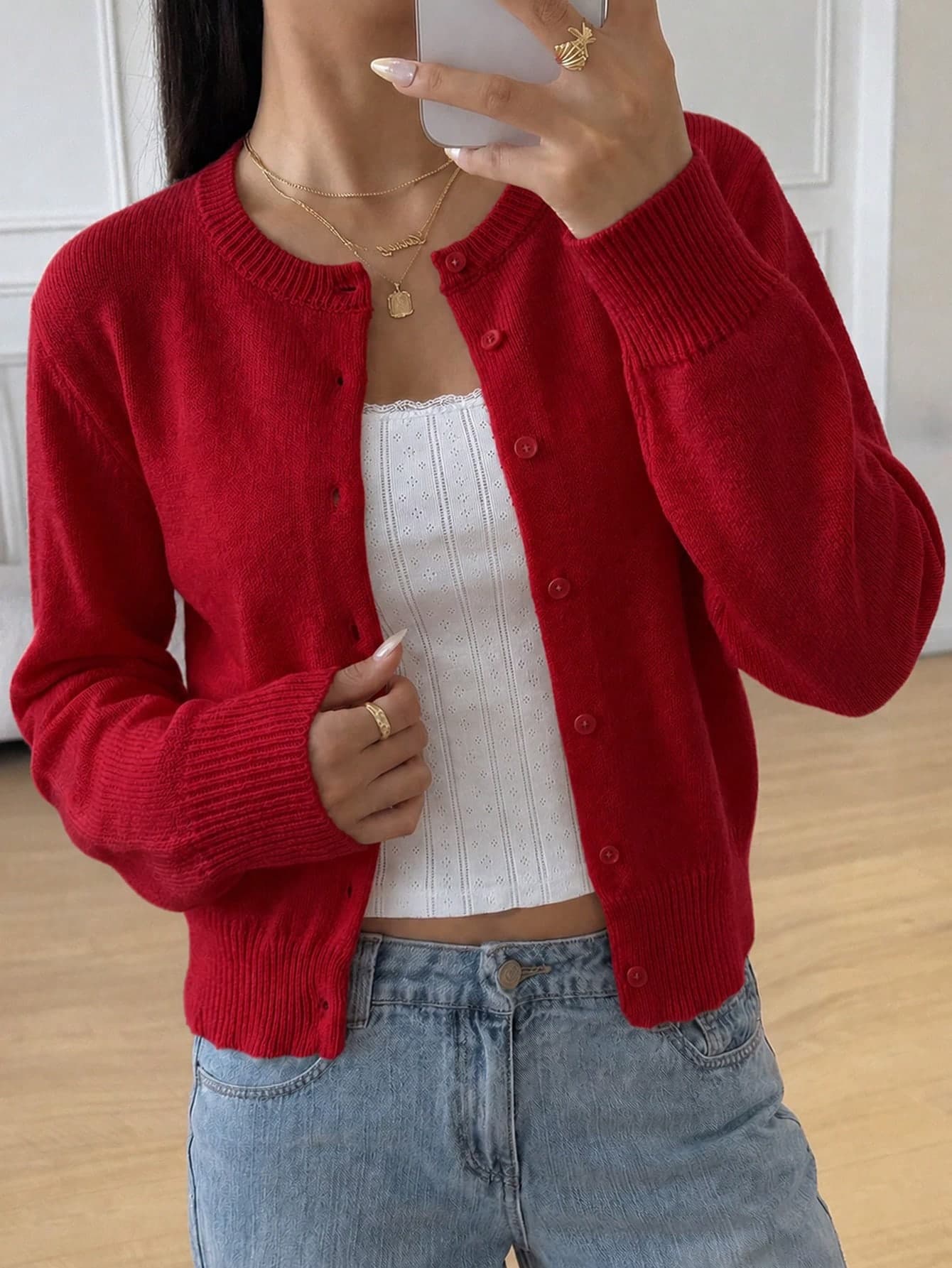SHEIN Teen Girl Casual Versatile Solid Color Cardigan Back-To-School Graduation Red Autumn