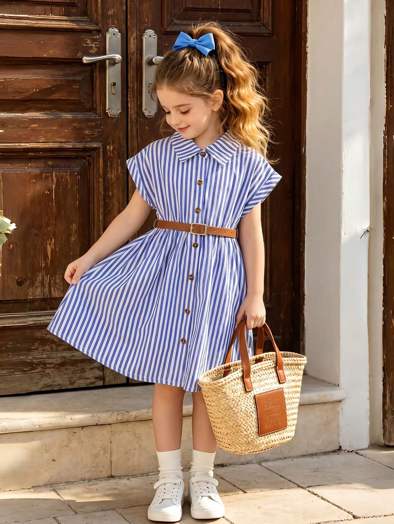 Elladie kids Girls' Summer Loose Woven Drop Shoulder Fitted White Collared Button-Front Shirt Dress With Fashionable Belt, Suitable For Casual Safari Daily Wear