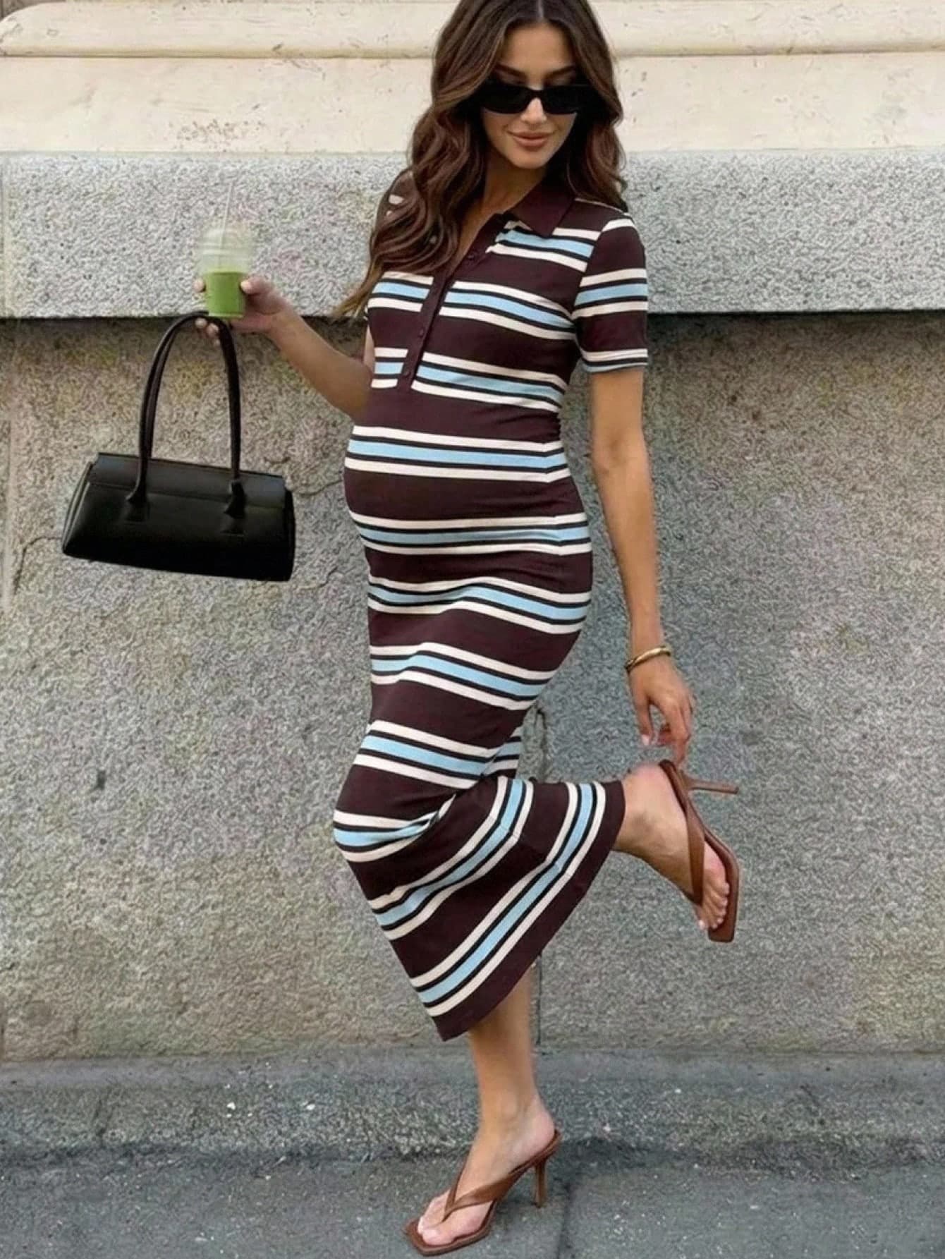 MaterniWear Summer Outfit,Pregnant Women's Striped Print Short Sleeve Dress, Summer Maternity Photoshoot Maternity Photoshoot Casual Maternity Photoshoot