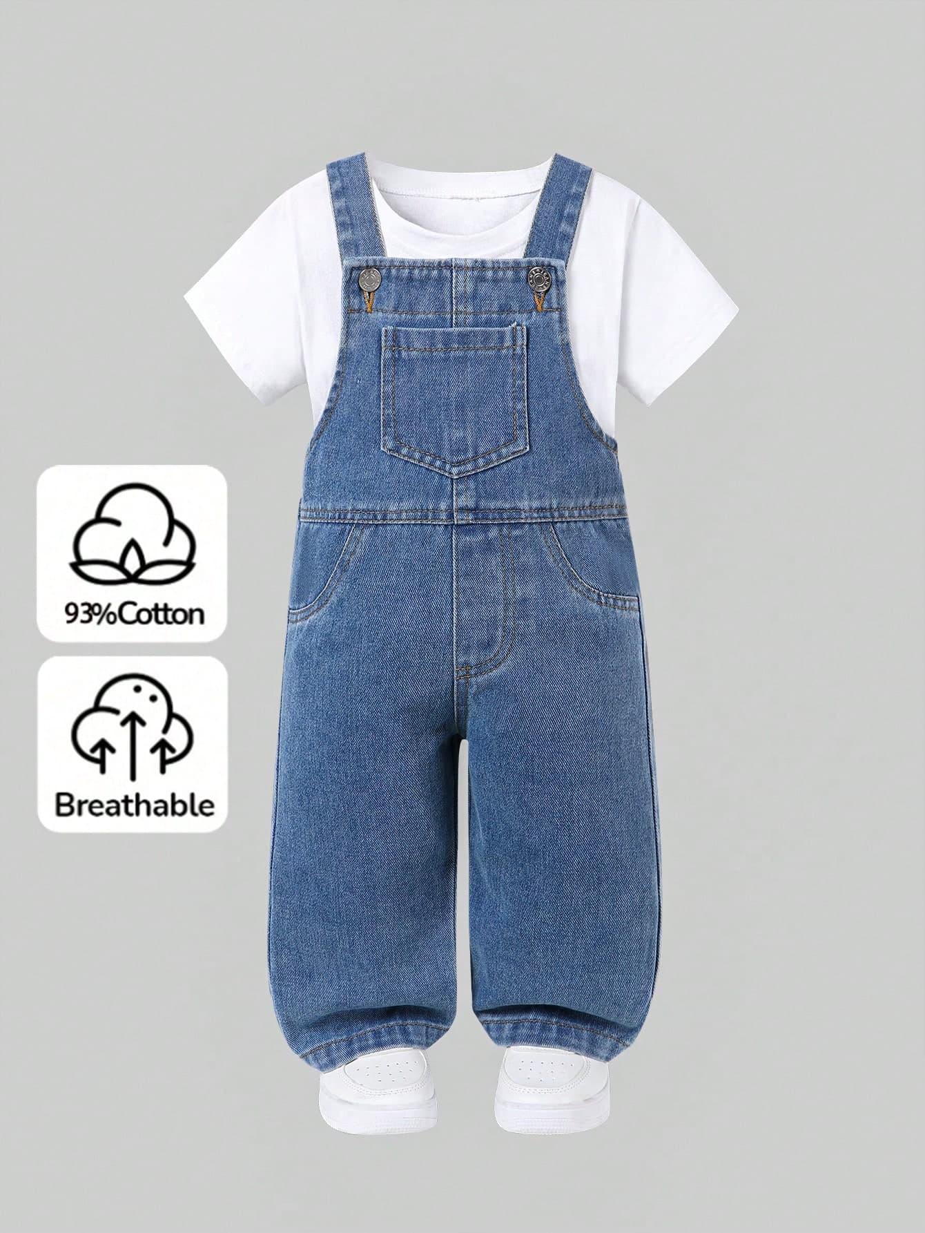 SHEIN Playful Pals Baby Girl Denim Overalls, All-Season Casual Cute Style, Medium Blue Denim Color, Adjustable Straps With Washed Effect And Front Chest Pocket Design, Loose Straight Leg Fit, Comfortable Soft Fine Cotton Denim Fabric, Versatile For Daily Wear, School, Outings And Gatherings, Spring Summer Denim Cotton