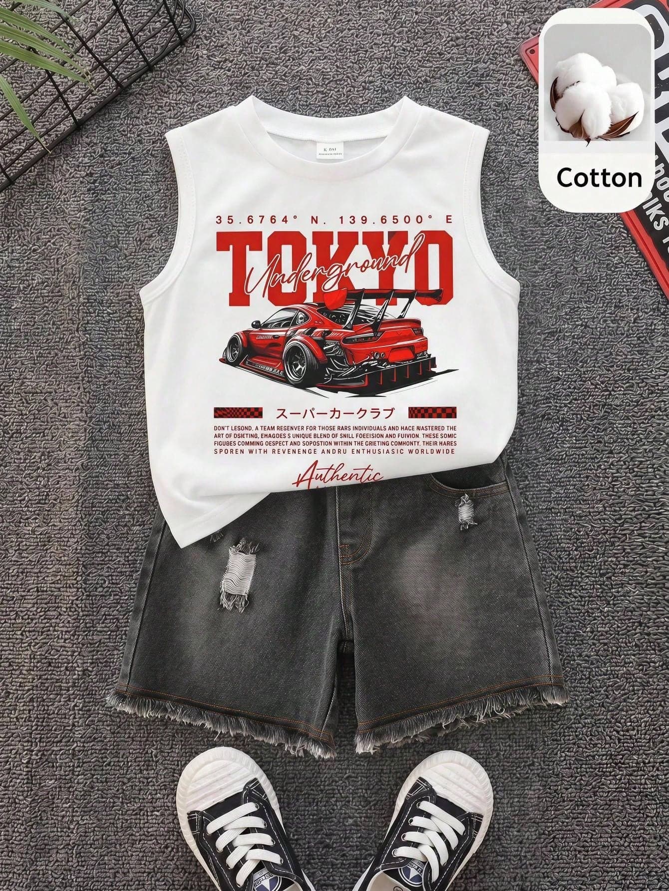 SHEIN 2pcs/Set Kids Young Boy Summer Autumn Casual Streetwear Racing Graphic White Tank Top And Black Denim Shorts, Denim Outfit, Racing Outfit, Boys Outfit, Tank Top Outfit, Streetwear Outfit