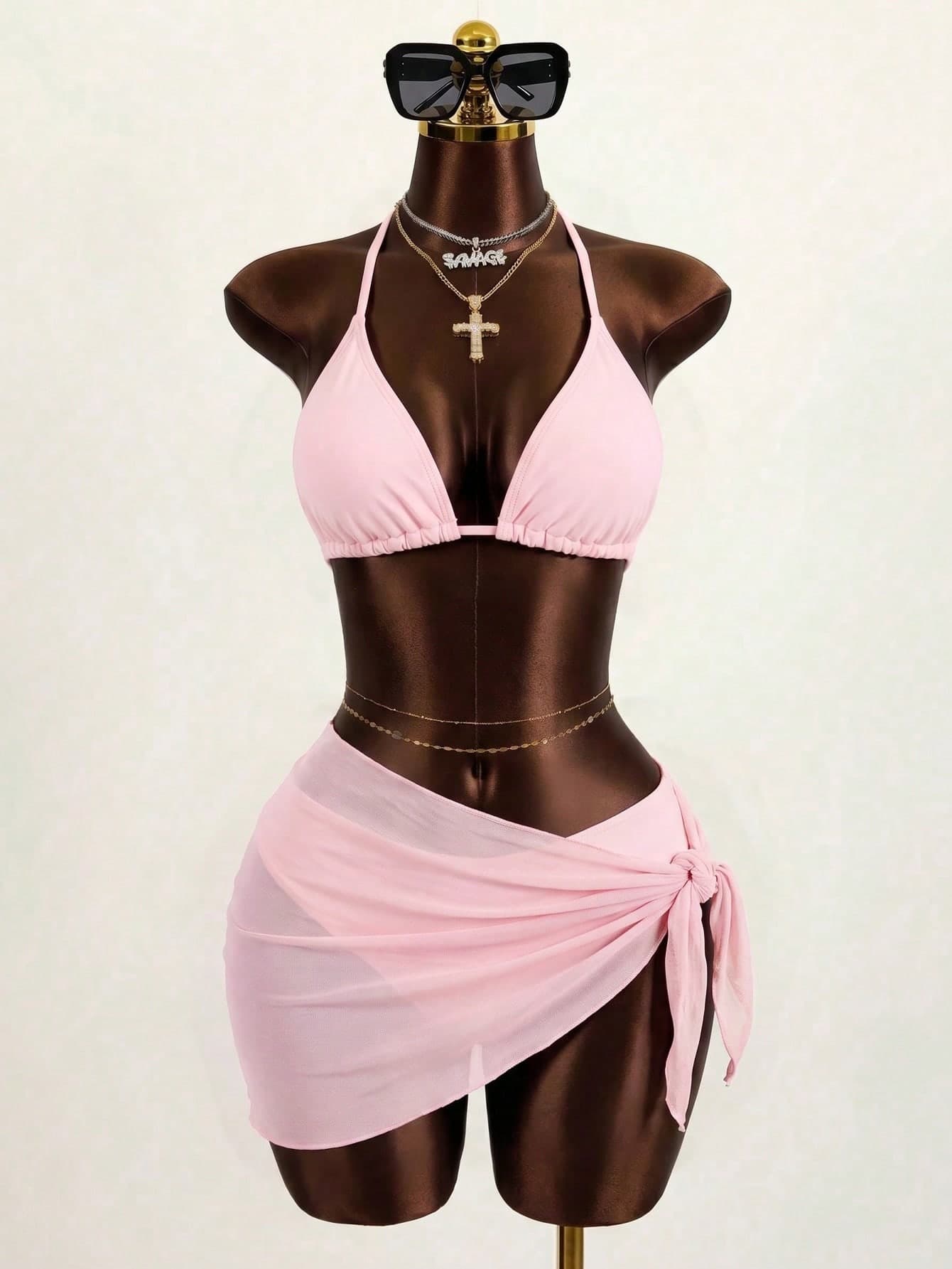 Zestiva 3pcs/Set Solid Color Textured Bikini Swimwear For Beach Vacation For Summer