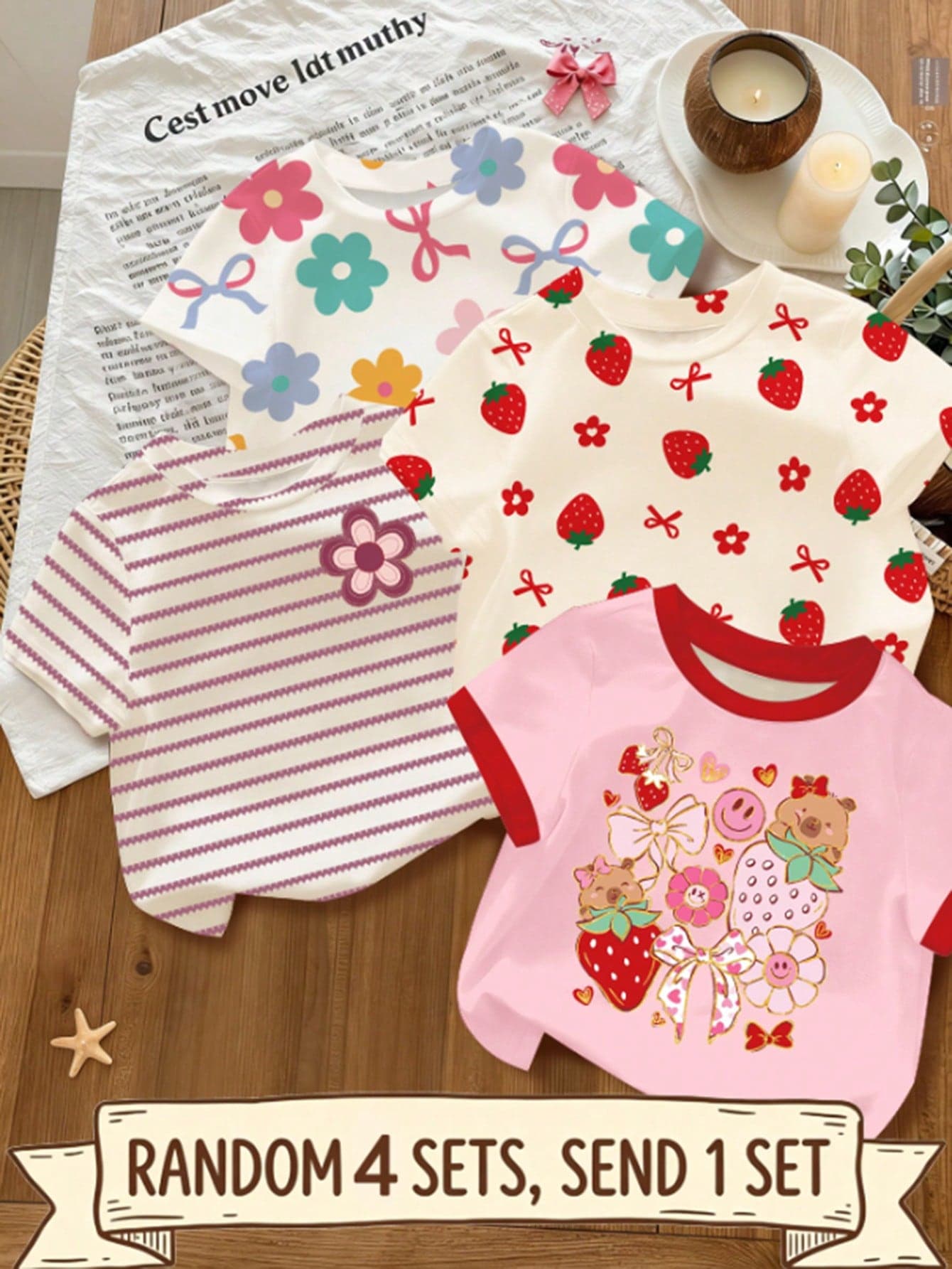 Souflis Souflis 1pc Baby Girls Summer Clothing Surprise Box [Random 4pcs, 1pc Sent] Girls Casual Round Neck Short Sleeve T-Shirt, Cute Bow, Dopamine Floral, Striped Print, Soft And Comfortable Summer Clothing Top, Baby Girl Fashion T-Shirt, Toddler Clothing, Spring/Summer Clothing