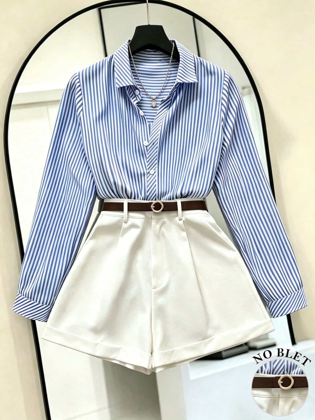 INAWLY Women's Striped Long Sleeve Single-Breasted Shirt And Shorts Casual 2 Pieces Set Fall Cloth For Women