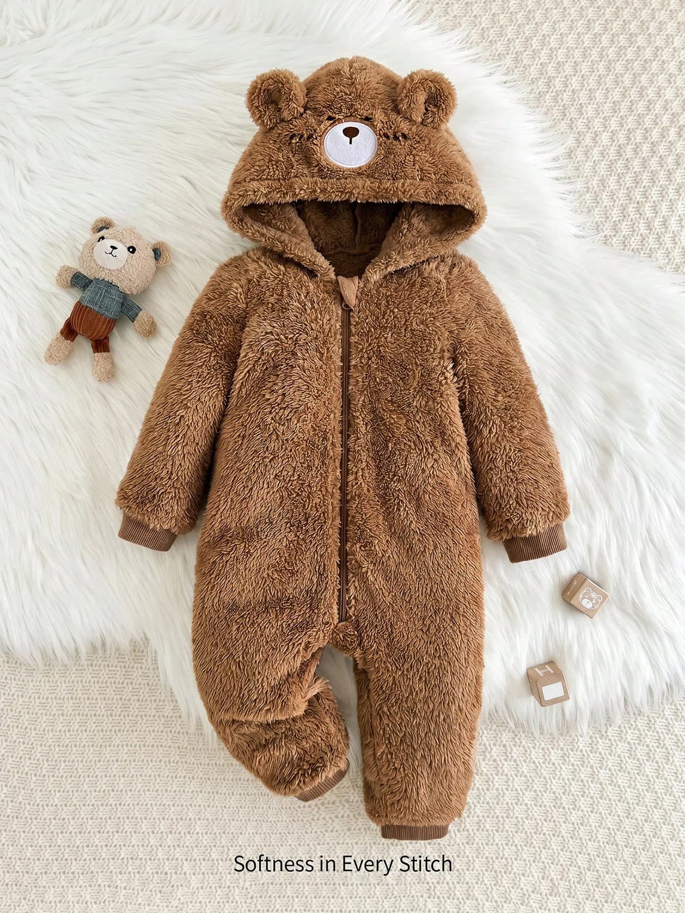 Cozy Pixies Baby Boy Girls Unisex Cartoon Bear Pattern 3D Ears Hooded Thermal Lined Mid-Weight One-Piece Long Pants Brown Warm Winter Versatile Cute Comfy Outing