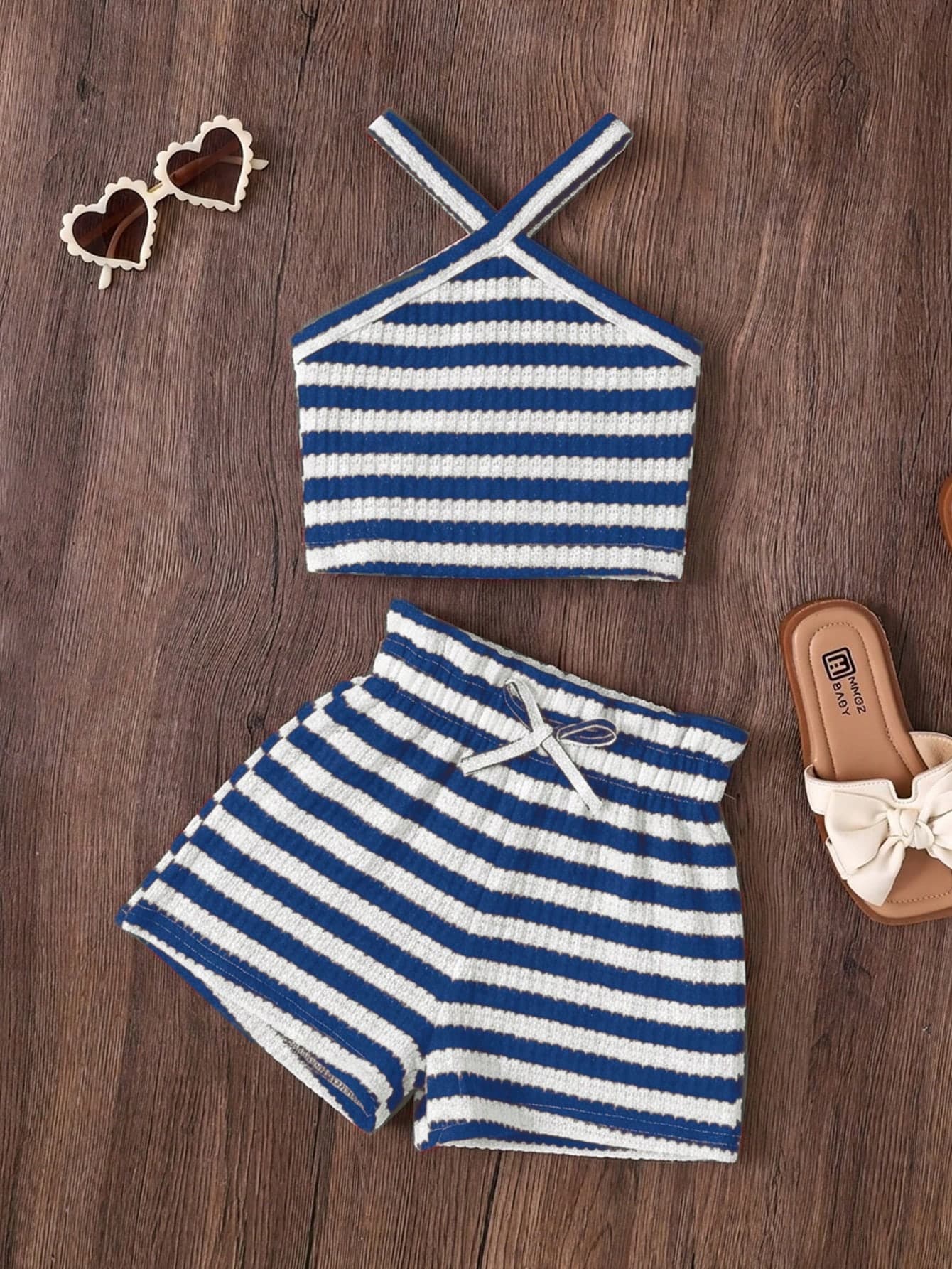 Emery Rose Kids Emery Rose Kids KIDS KIDS Young Girls Casual Holiday Elegant Striped Jacquard Knit Fitted Ruffle Short Sleeve Top And Matching Pants, Striped Two Pieces Set, Young Girls Summer Outfit, Young Girls Spring And Summer Striped Short Sleeve Set