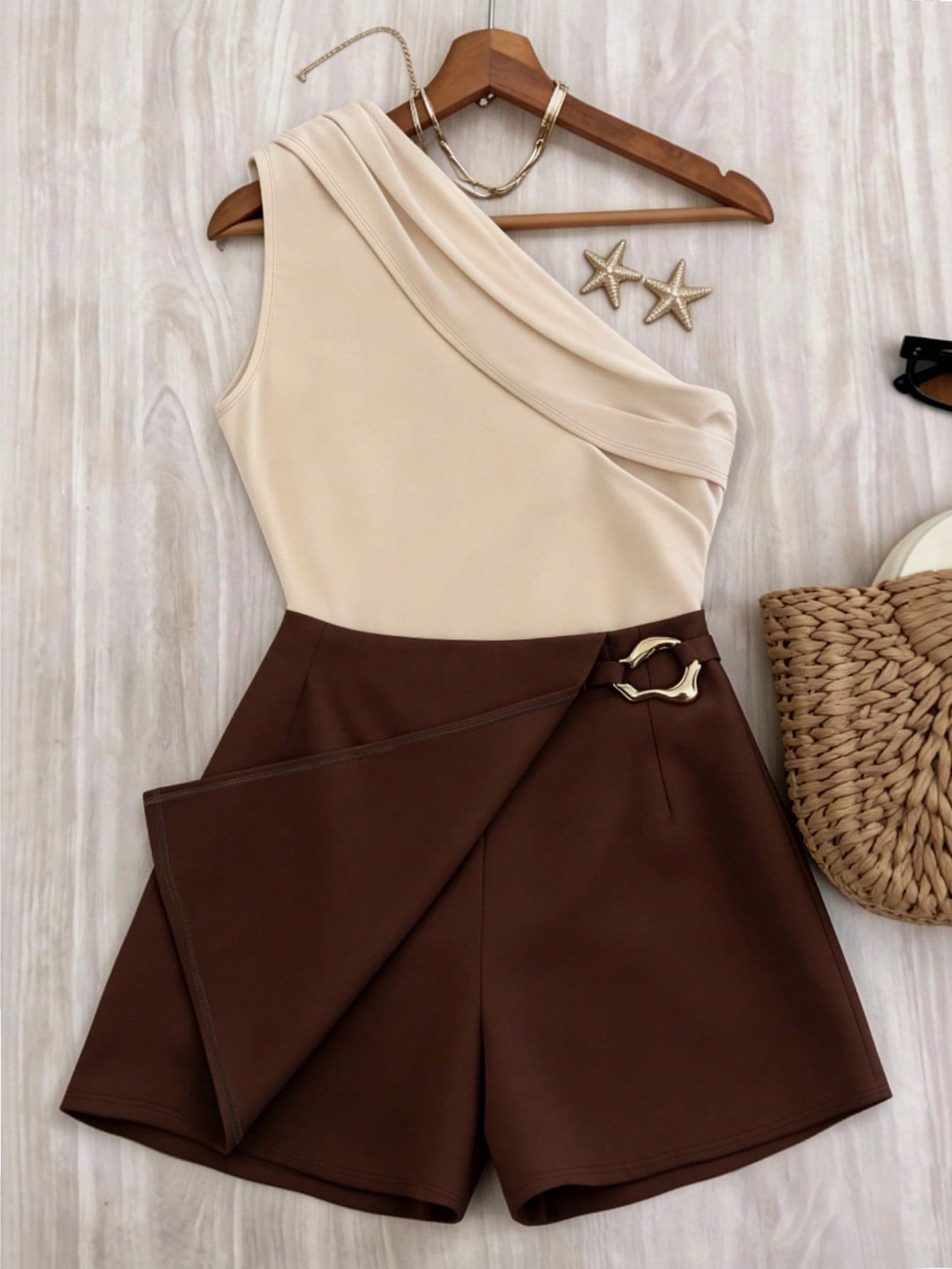 Elenzga Women's Plus Size Jumpsuit Dress Set, Elastic Knit With Metal Buttons, Contrast Color Skirt Pants, Loose Sexy Elegant Beige Summer Birthday Vacation