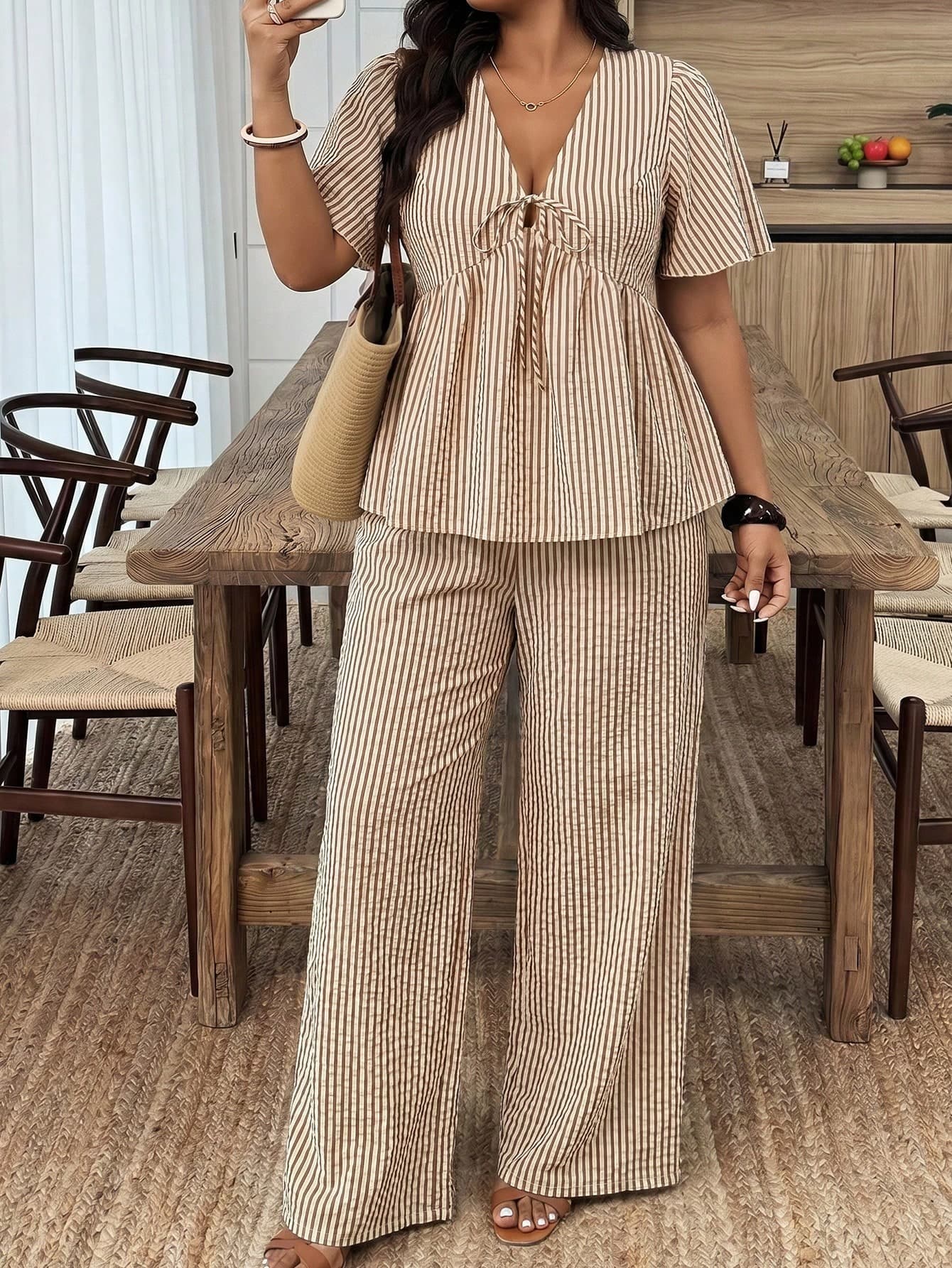 Weeklong Women's Plus Size Spring/Summer Casual Vacation Striped Front Tie Short Sleeve Shirt And Pants 2-Piece Set