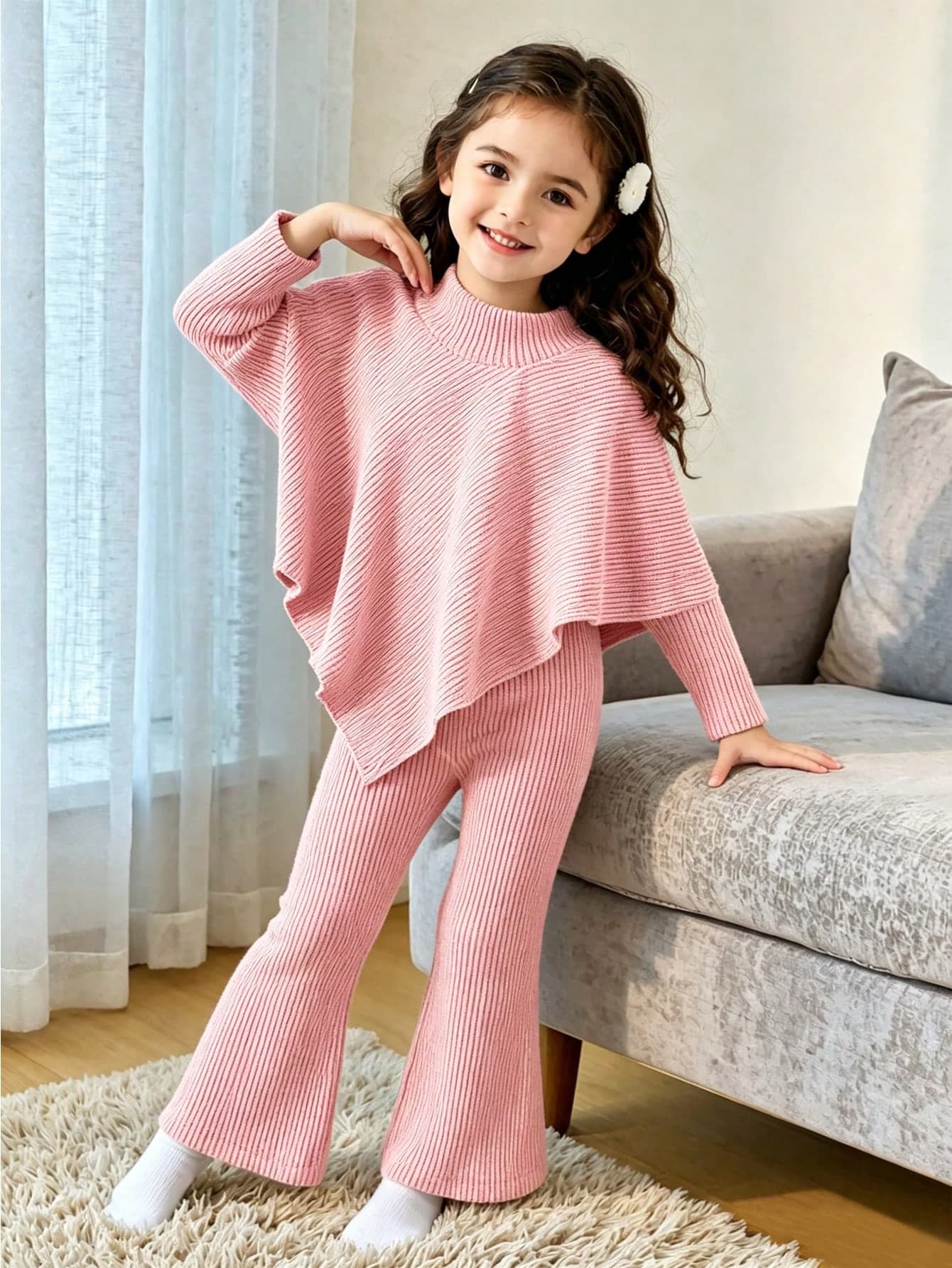 SHEIN Elladie kids Young Girls Spring/Autumn/Winter Casual T-Shirt Set, Designed Asymmetrical Pullover High Neck Knitted Ribbed Brushed Fabric Solid Beige Long Sleeve T-Shirt Top Paired With Beige Casual Flared Pants, 2-Piece Set Suitable For Spring/Autumn/Winter Back To School Season, Elegant Lady Style High-End Daily School, Outing, Travel, Party Wear