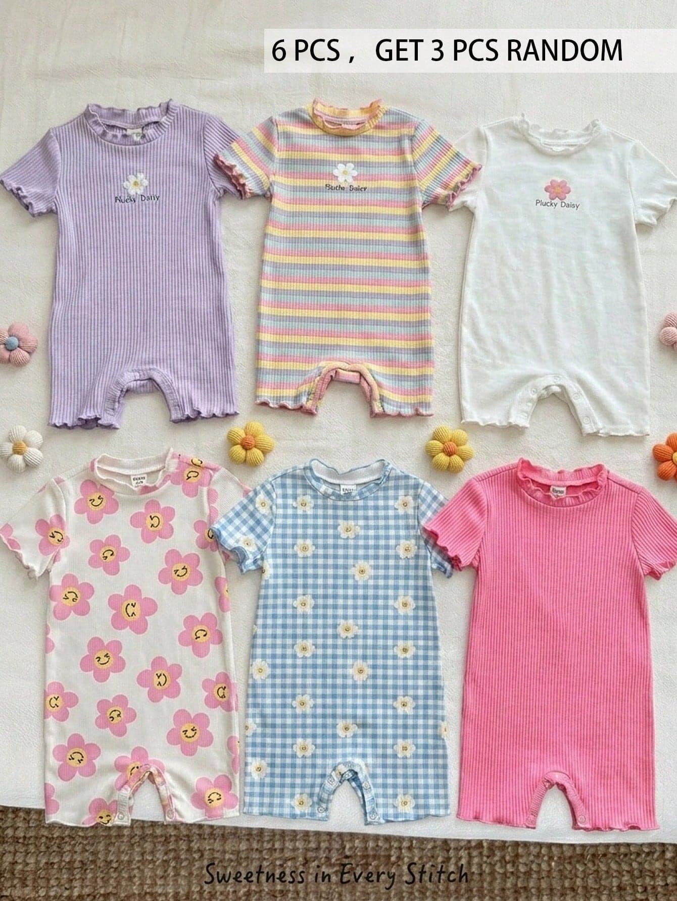 SHEIN 6 PCS, GET 3 PCS RANDOM, 3pcs Baby Girl Casual Comfortable Daily Versatile Floral Face And Blue & White Plaid Daisy Pattern Striped Knit Soft Round Neck Short Sleeve Romper Suitable For Summer, Travel, Vacation, Spring And Summer