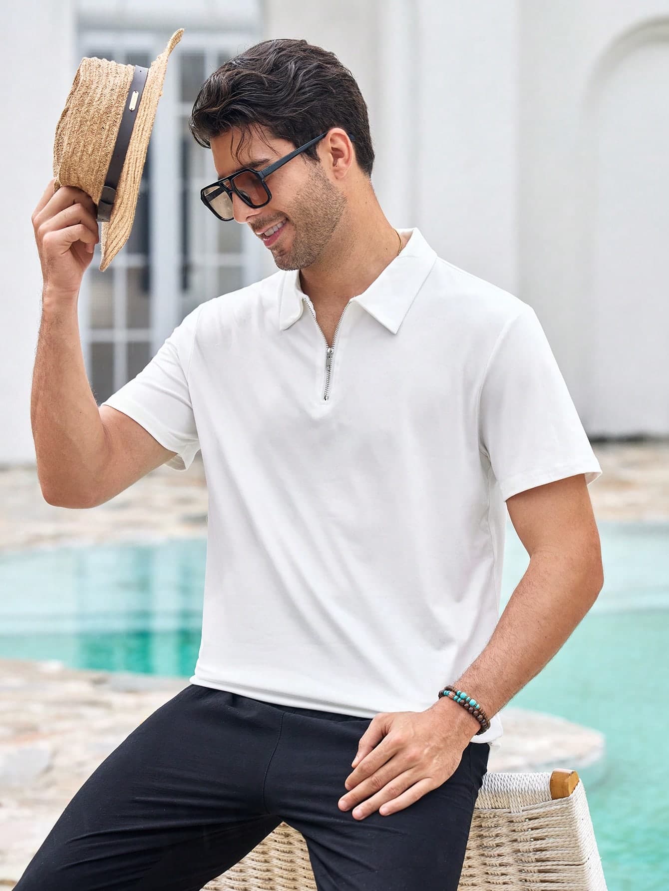 Mercer Haus Men's Solid Color Half-Placket Casual Versatile Commuting Short Sleeve Polo Shirt