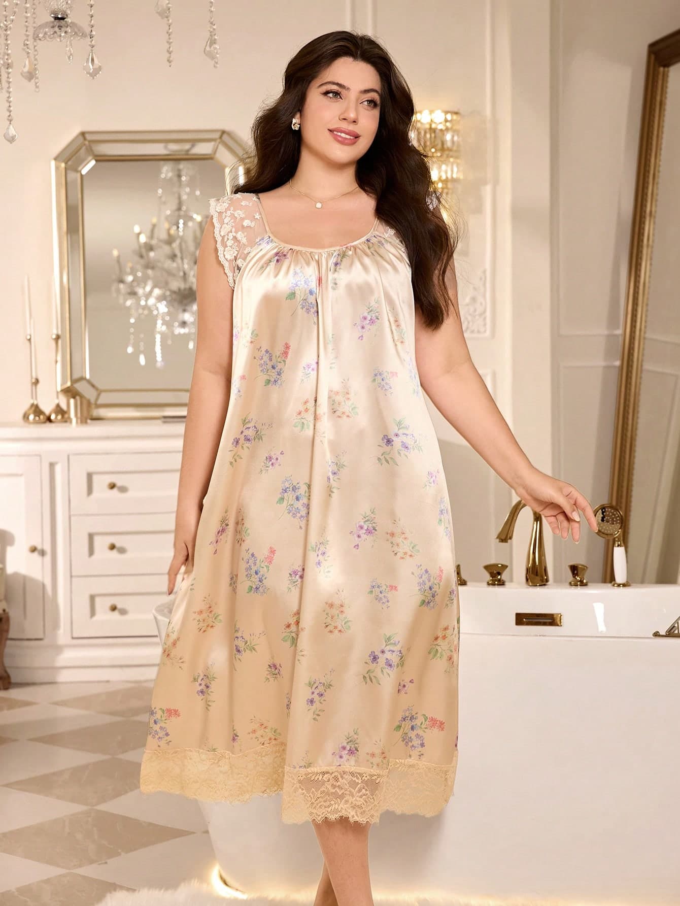 MuseNap CURVE Exquisite Embroidered Lace Patchwork Floral Satin Plus Size Nightgown