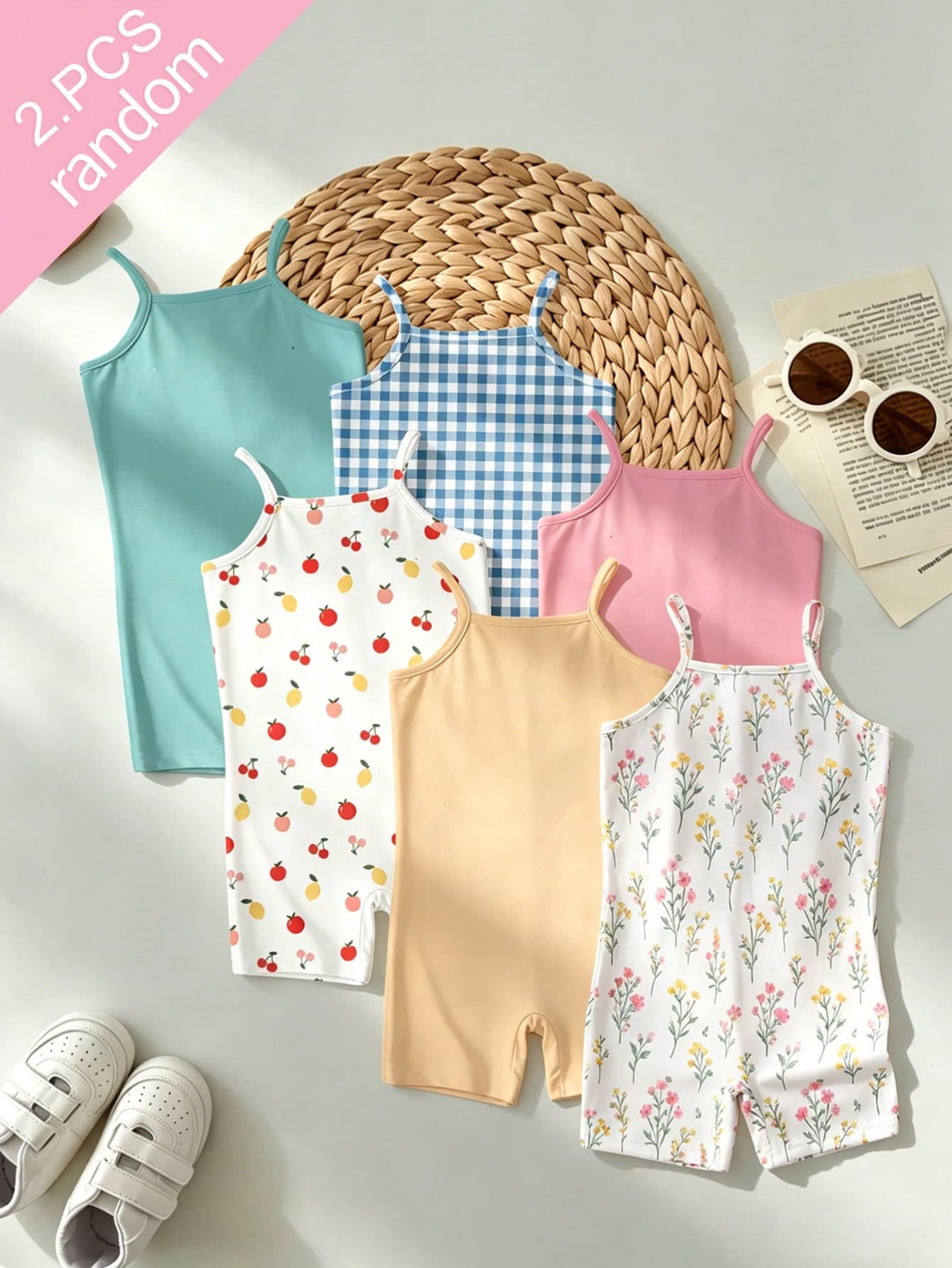 [6pcs Randomly Send 2pcs]Girls Toddler Comfortable Sweet Cute Printed Knit Camisole Romper
