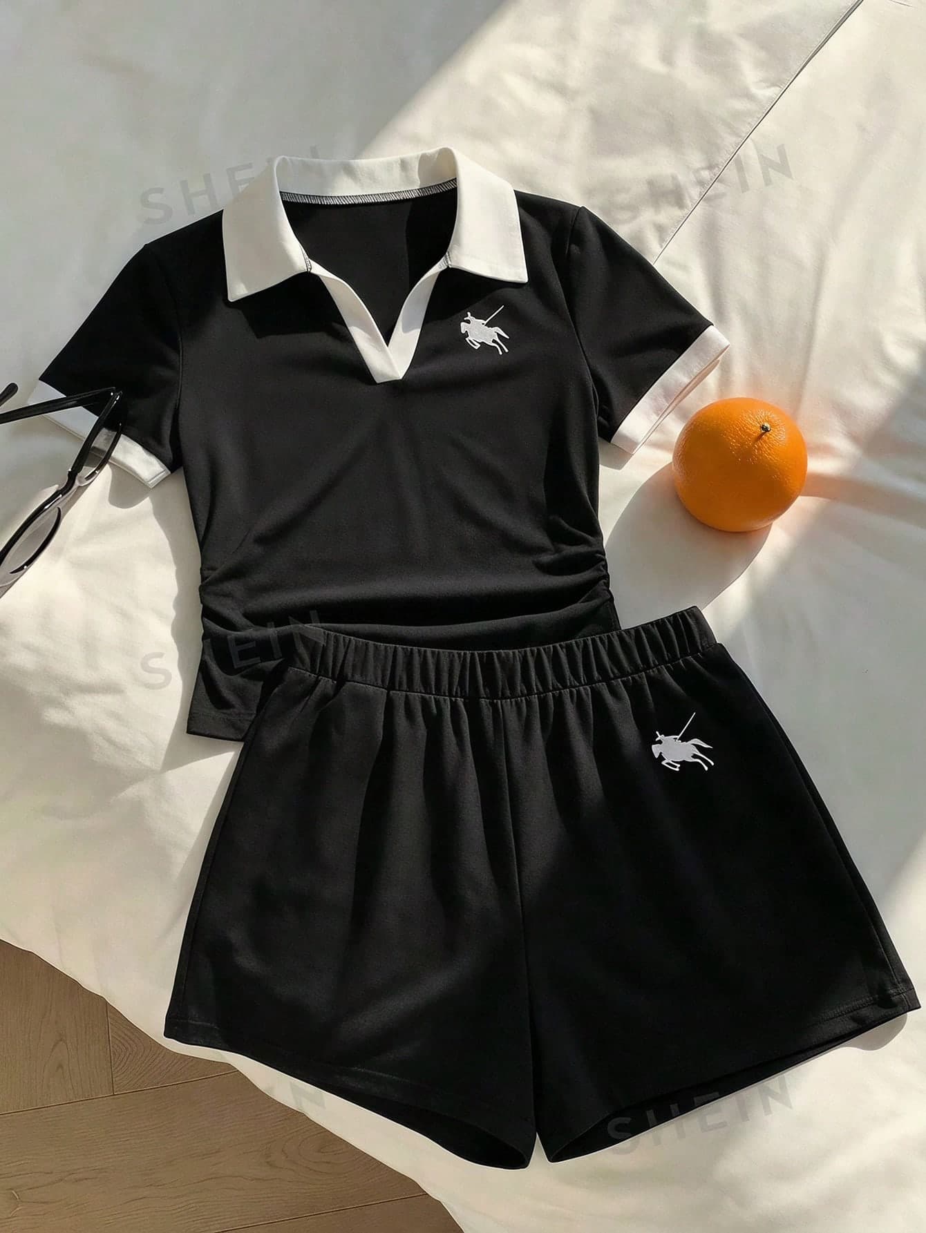 SHEIN Teen Girls Black & White Colorblock Polo Set, Youthful Vibe, Exquisite Pony Logo Print, Collared V-Neck Design Refreshing Waist-Cinching Top + Shorts 2-Piece Set, Ready To Wear, No Need To Worry About Matching. Suitable For Sports, School, Daily Outings, And Energetic, A Must-Have Versatile Style For Summer, Easily Wear Out The Energetic Girl Style!