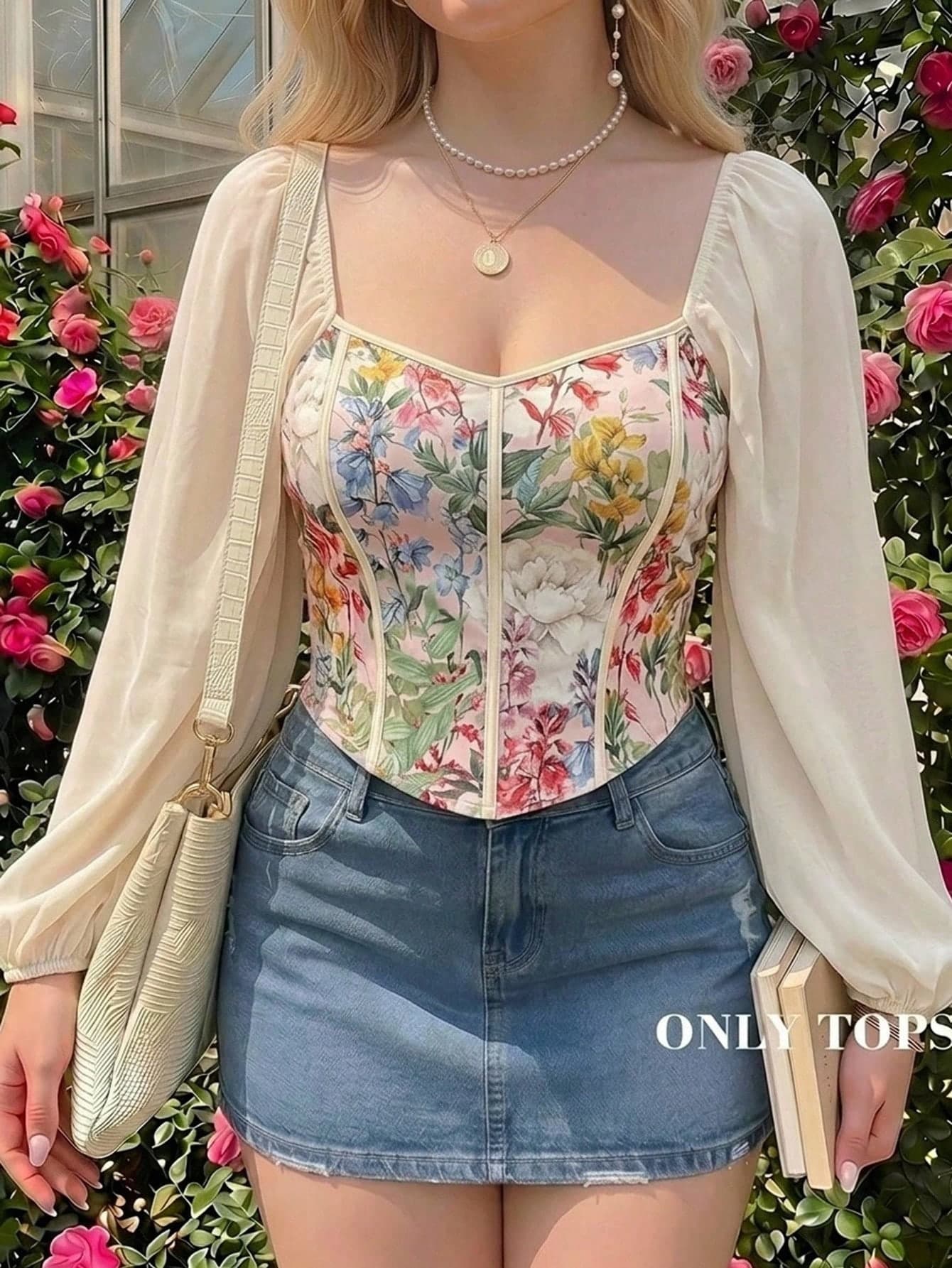 SHEIN MOD Plus Size Vintage 80s Floral Print Patchwork Chiffon Blouse, Retro Style, Romantic Floral Top For Early Autumn Non E Wedding Guest Vacation Fall