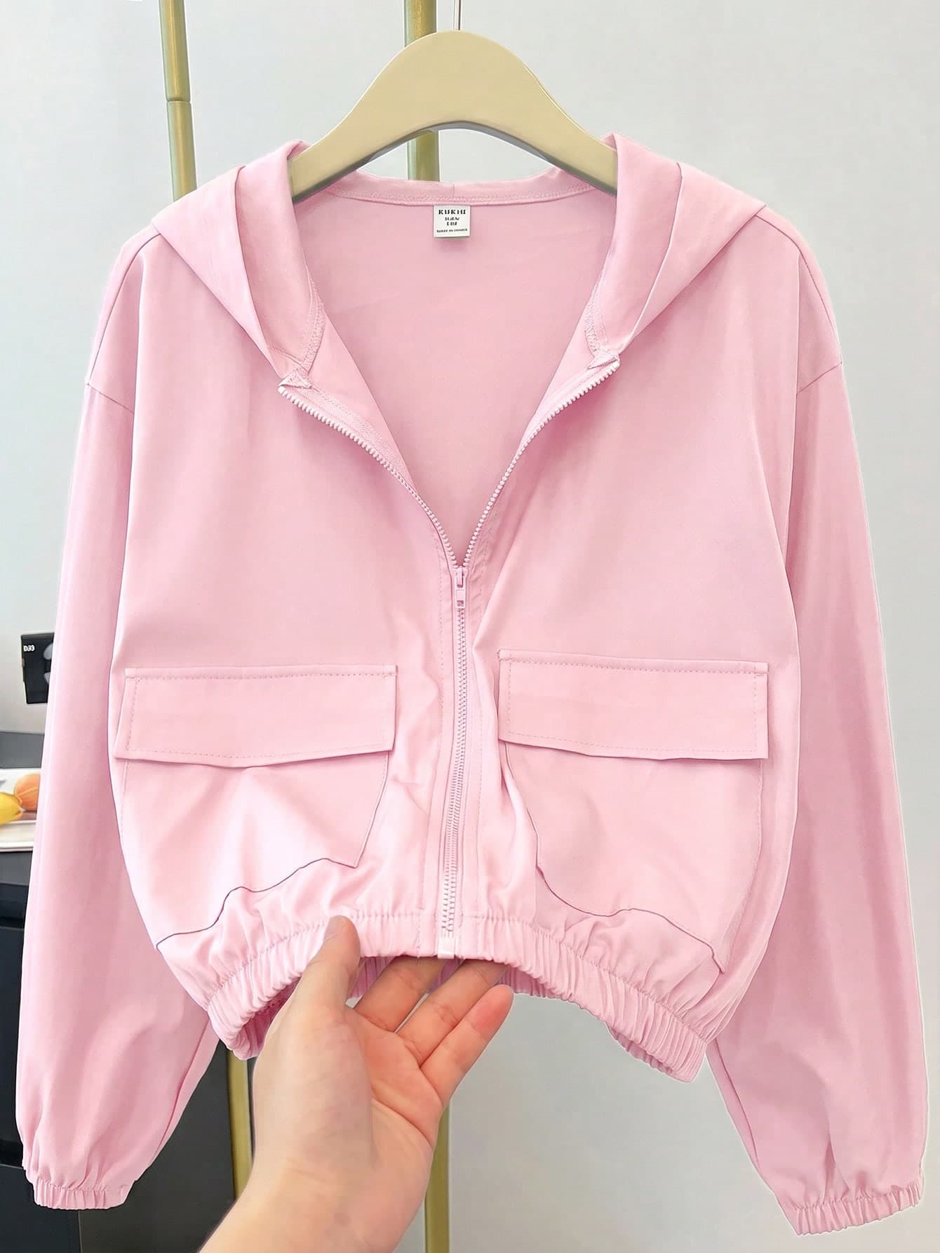 SHEIN Teen Girl Teen Girl Woven Solid Color Patch Pocket Short Loose Casual Streetwear Hooded Autumn Jacket Summer