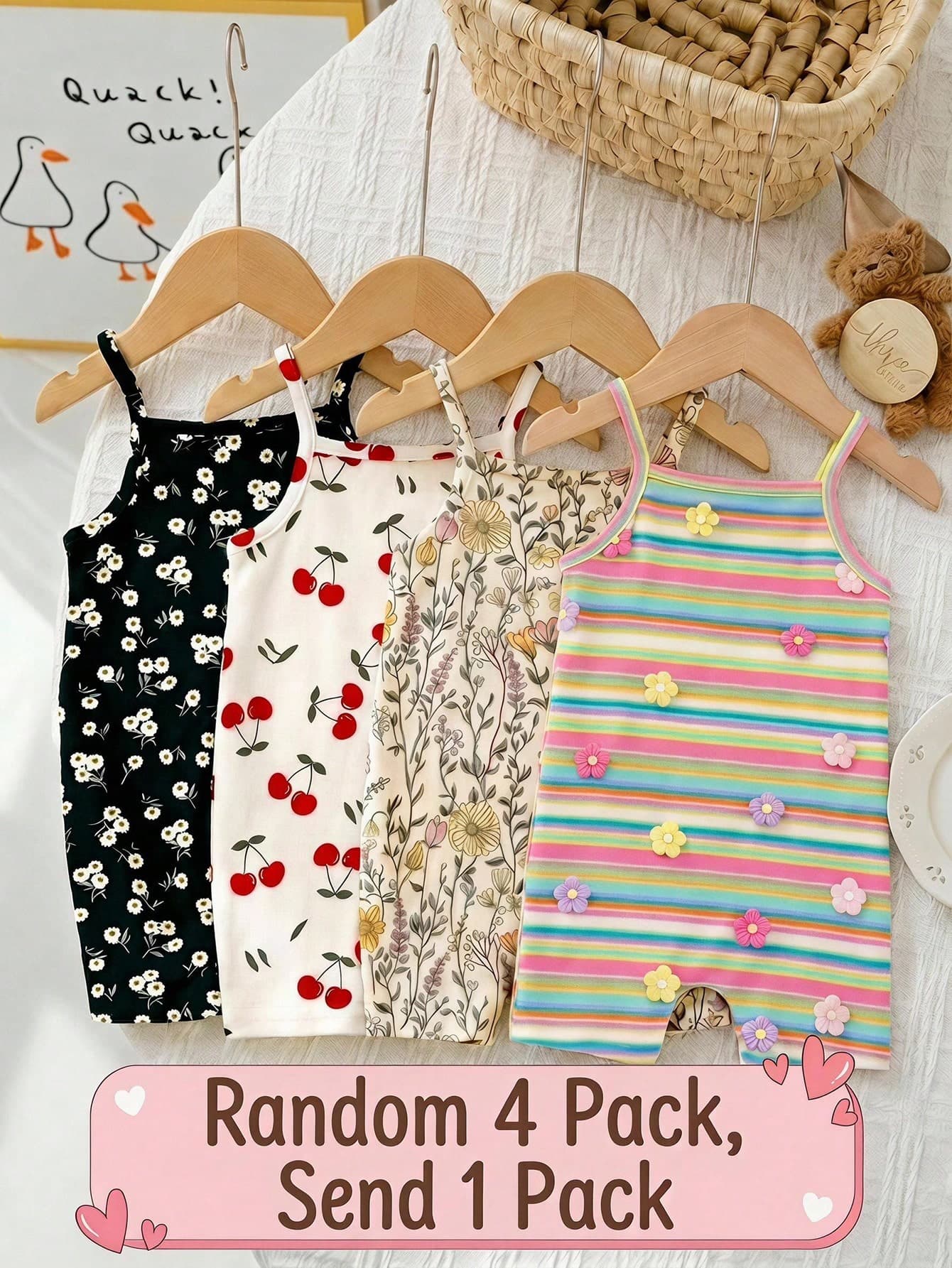 Young Girl [Random6 Sets, Send 3 Set] Solid Color Knitted Camisole Romper + Printed Floral Knitted Casual Romper