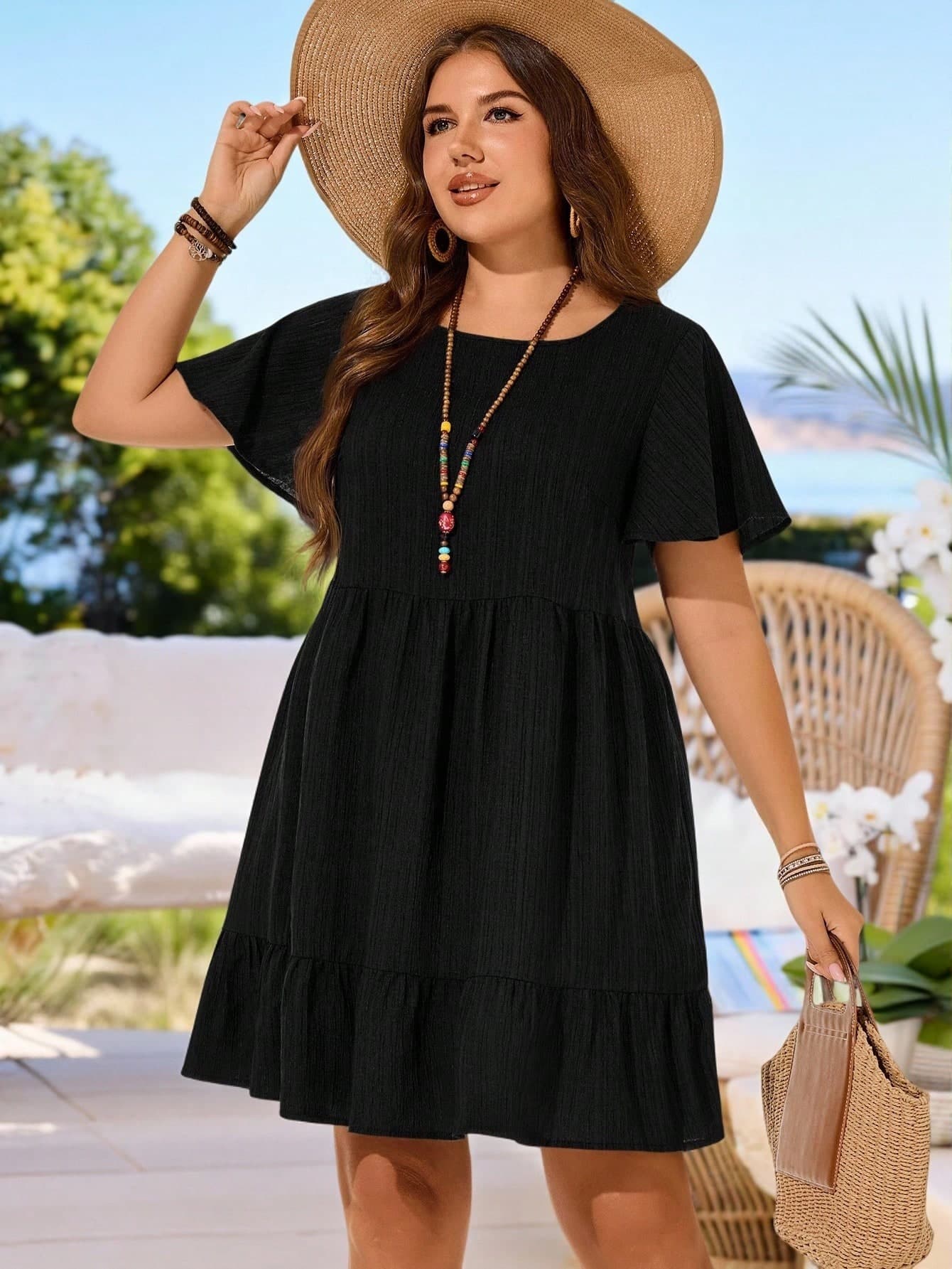 Rosumi Plus Size Vacation Casual Solid Color Short Sleeve Dress,Summer Outfits For Women,Easter Women,Bohemia,Rave Outfit Curve,Country Concert