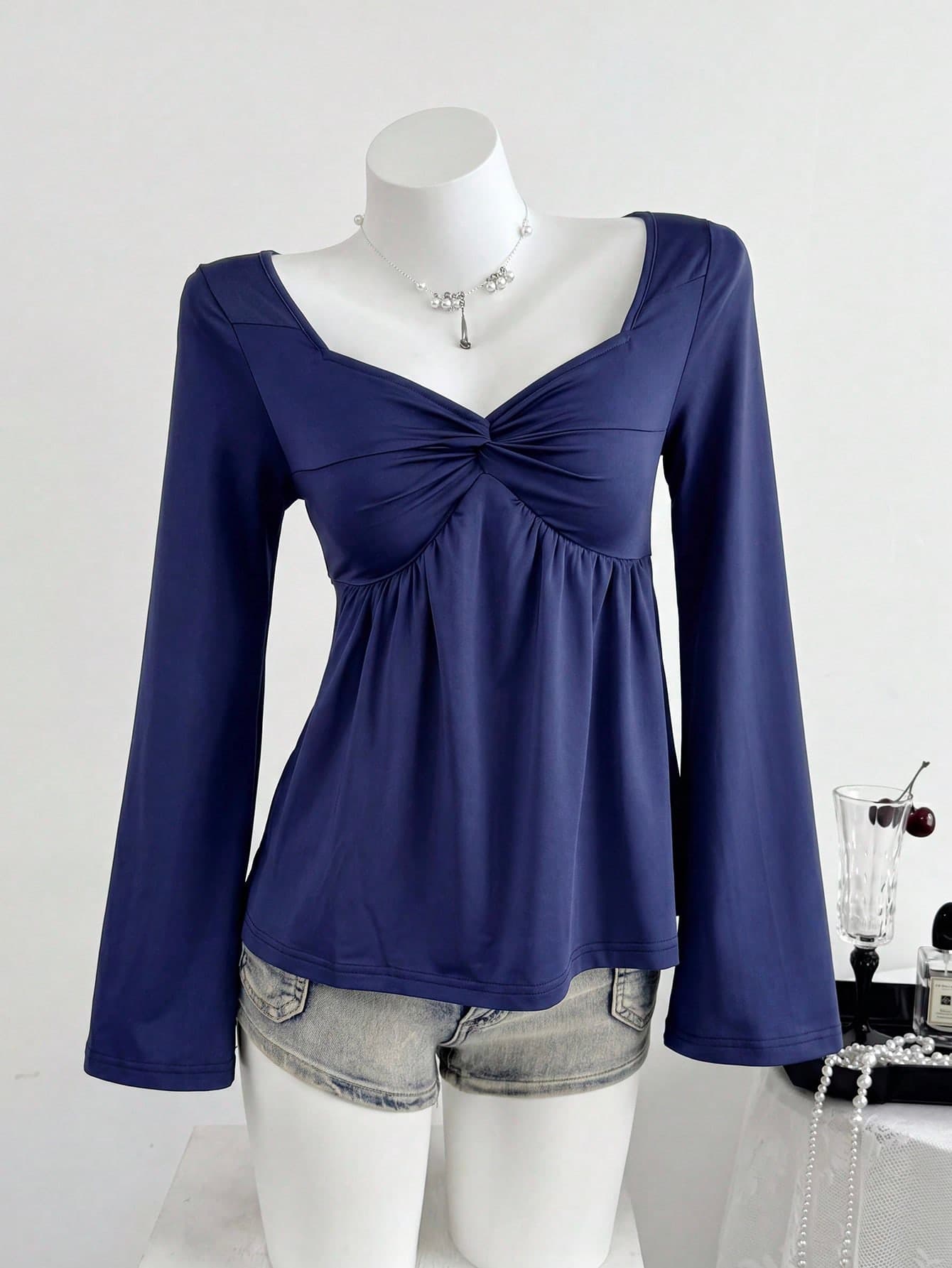 Teenage (Girls) T-Shirt, Casual Twist Front V-Neck Long Sleeve T-Shirt, Versatile New Style, Spring/Autumn