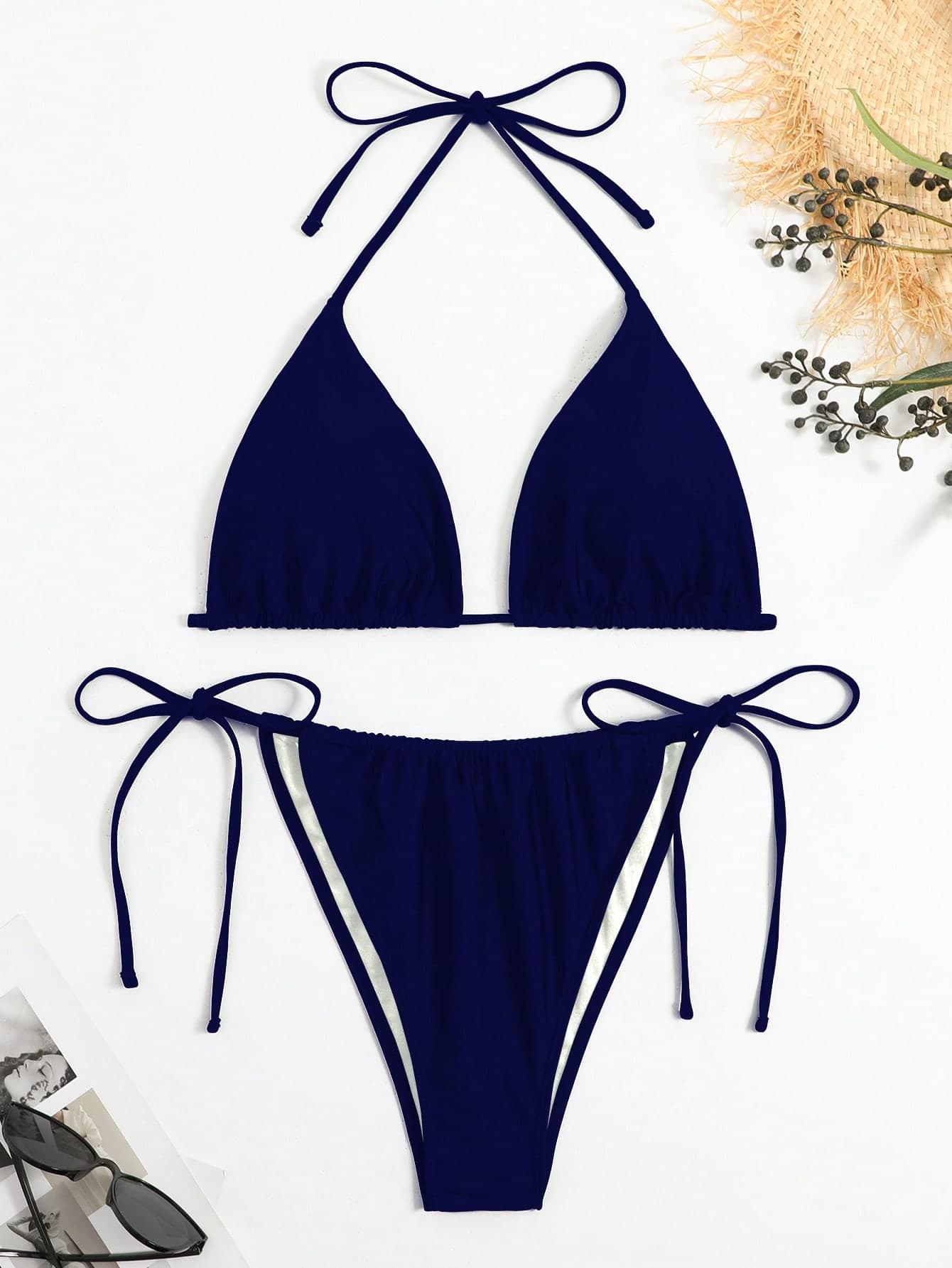 SHEIN Swim Curve Plus Size Women Summer Beach Solid Color Halter Tie Sexy Bikini And Triangle Bottom Two-Piece Swimsuit Set