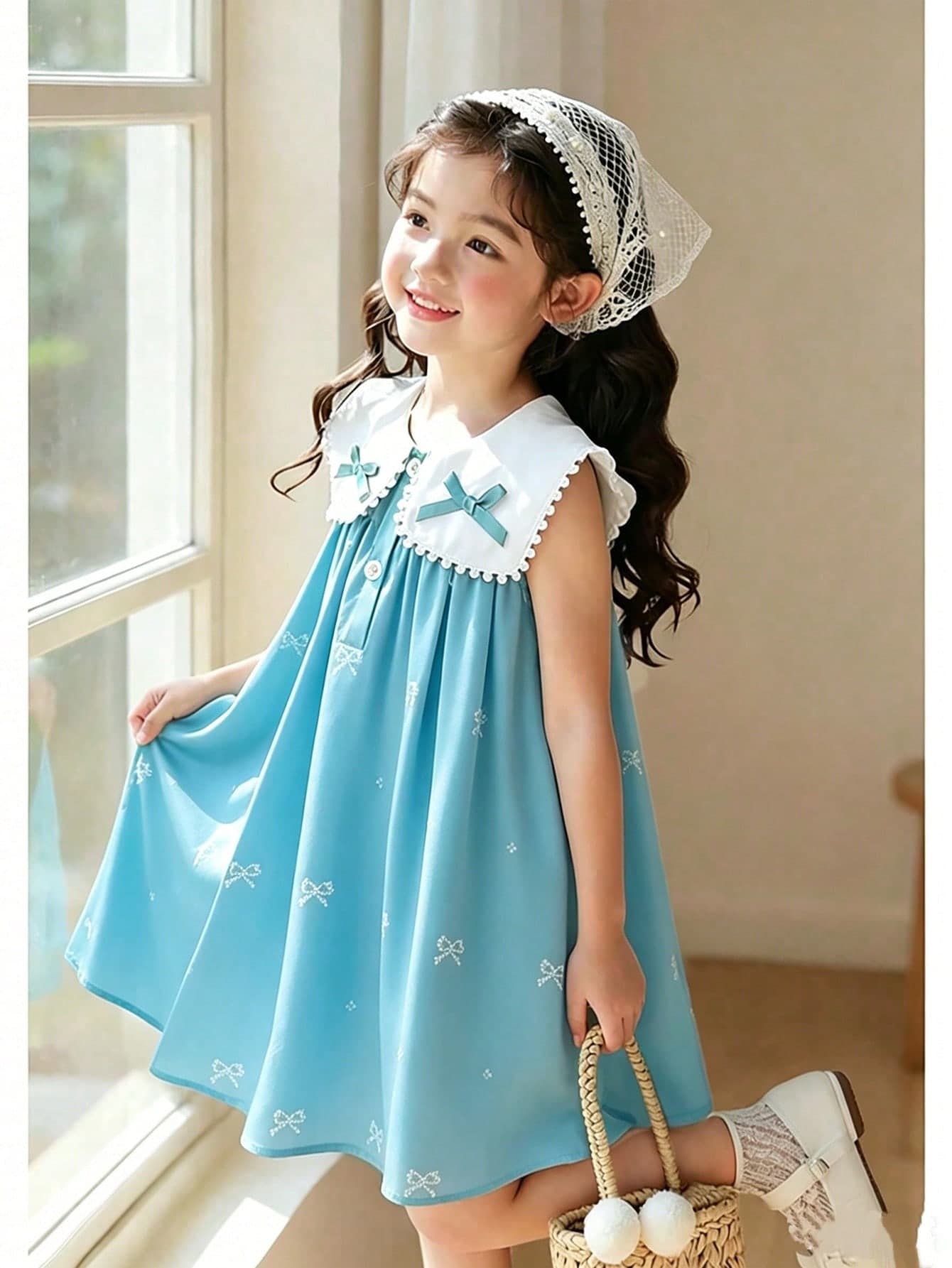 SHEIN Elladie kids Girls' Blue Bow Print Collar 3D Bow Decor Casual Dress  Back To School