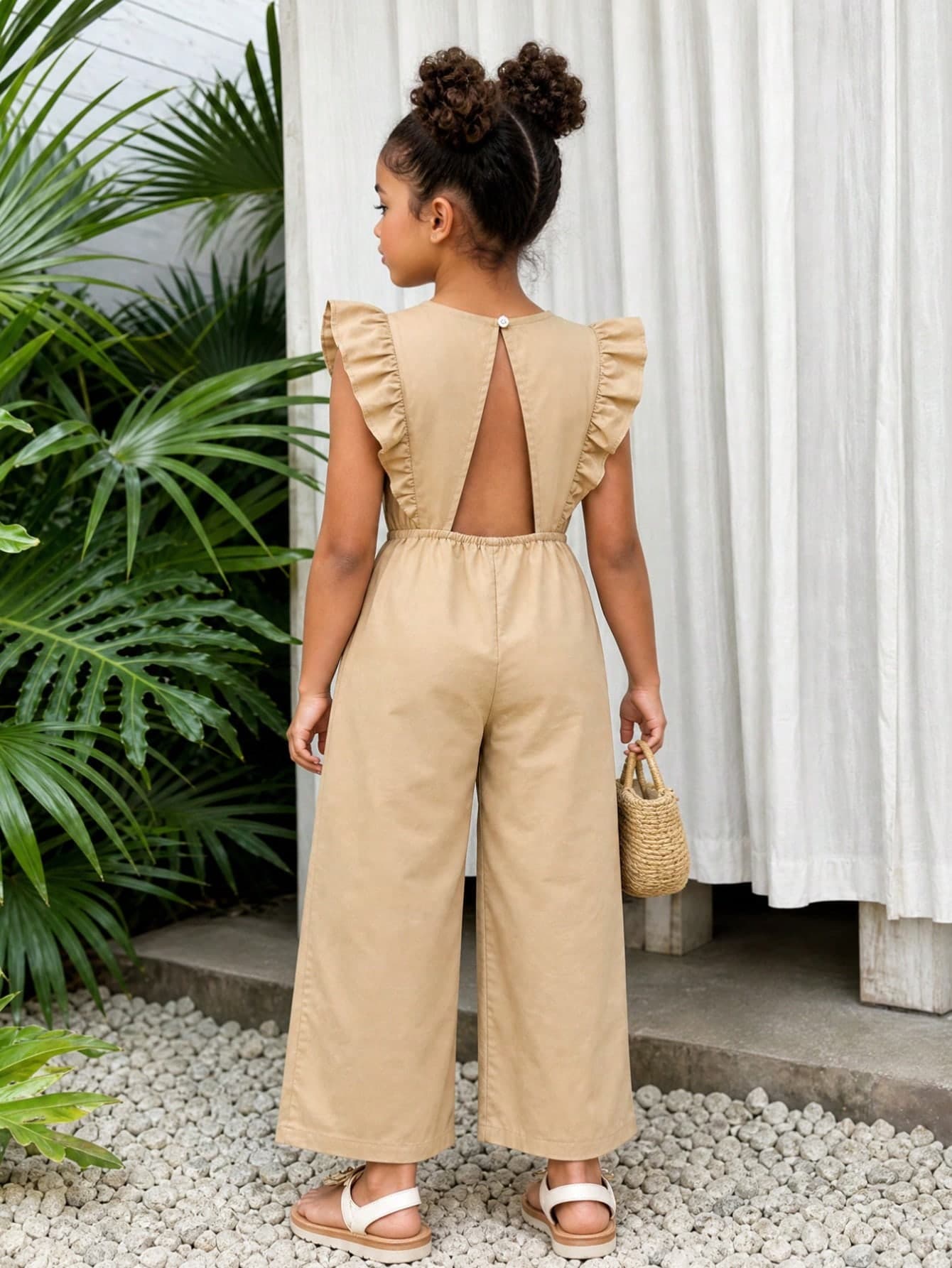 SHEIN Young Girl Casual All-Match Versatile Beach Vacation Daily Wear Ruffle Backless Drawstring Waist Jumpsuit