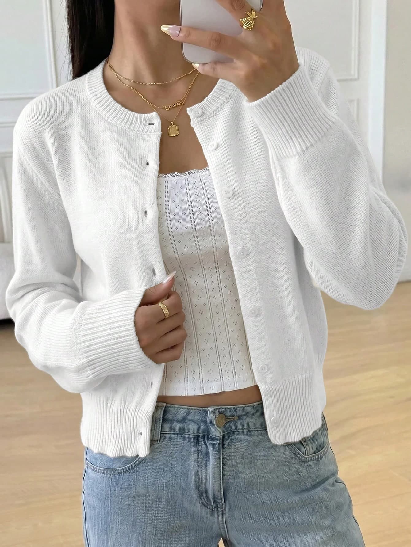 SHEIN Teen Girl Casual Versatile Solid Color Cardigan Back-To-School Graduation White Autumn