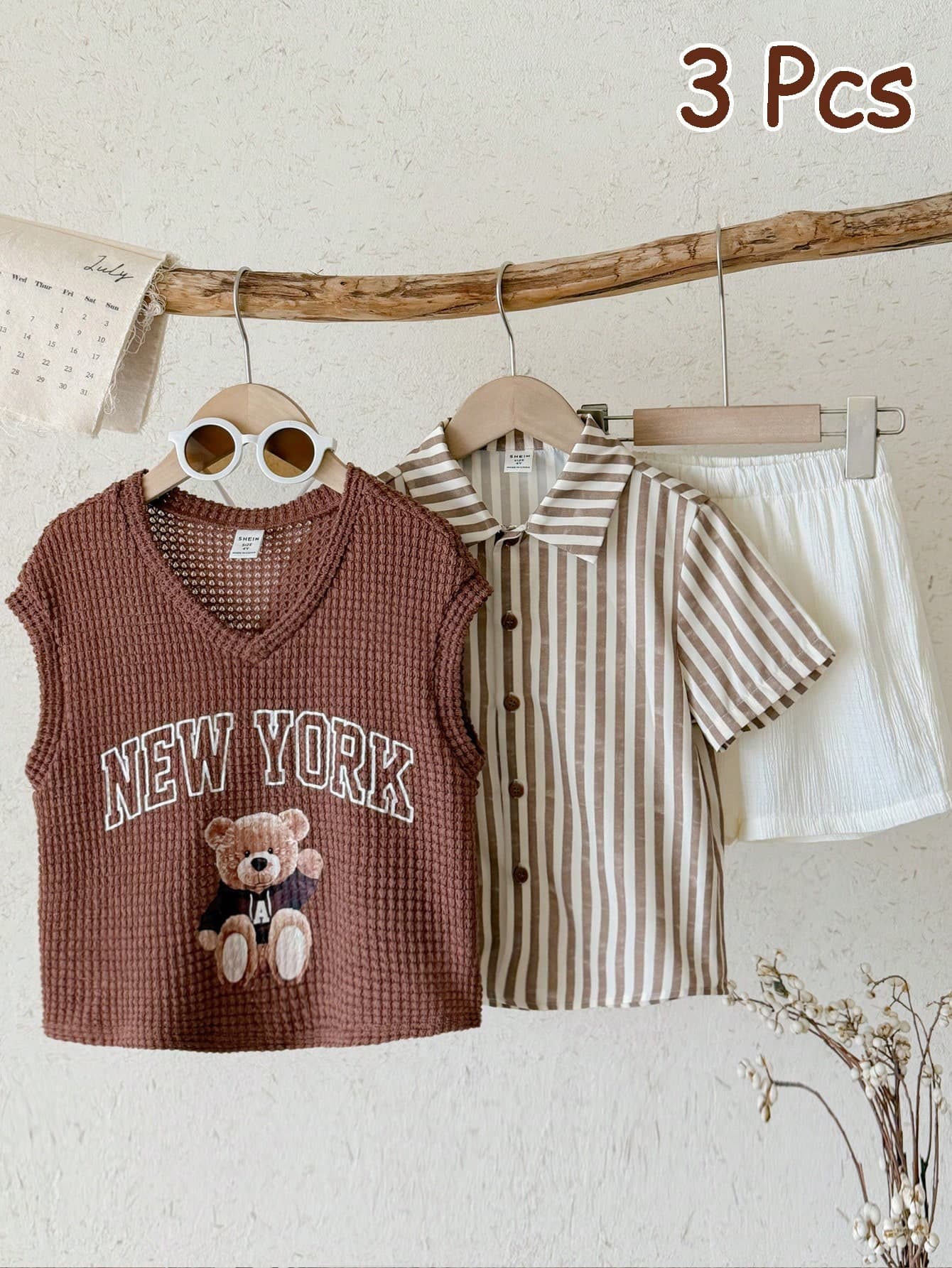 SHEIN Kids Toddler Boy 3pcs Summer Casual Preppy Style Vest, Striped Shirt & Shorts Set, Multi-Piece Outfit,,Primary School,Fall Outfit Sets,Back To School
