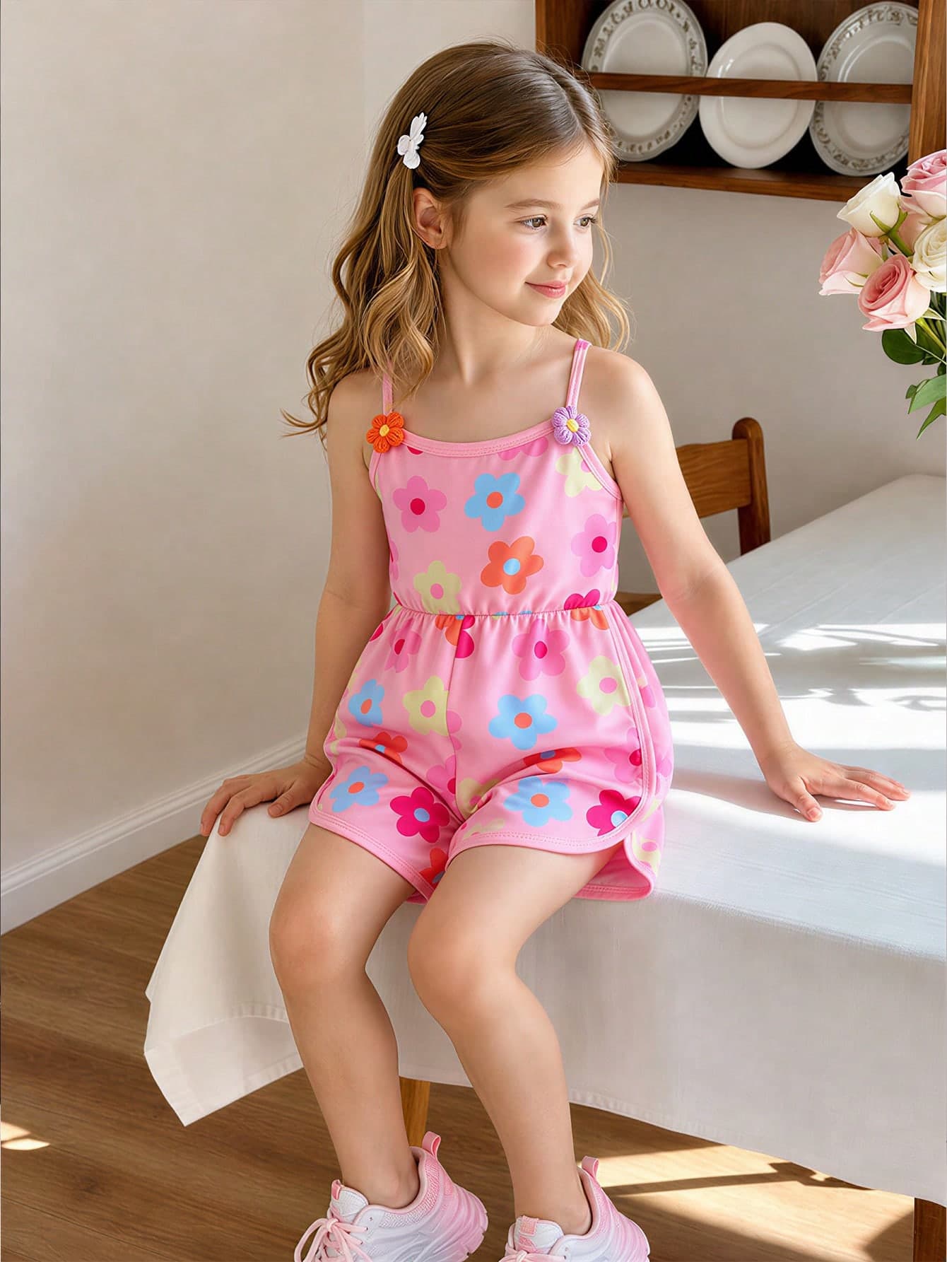 SHEIN Young Girl' White Cute Cartoon Colorful Floral Print Jumpsuit, Comfortable Spring/Summer