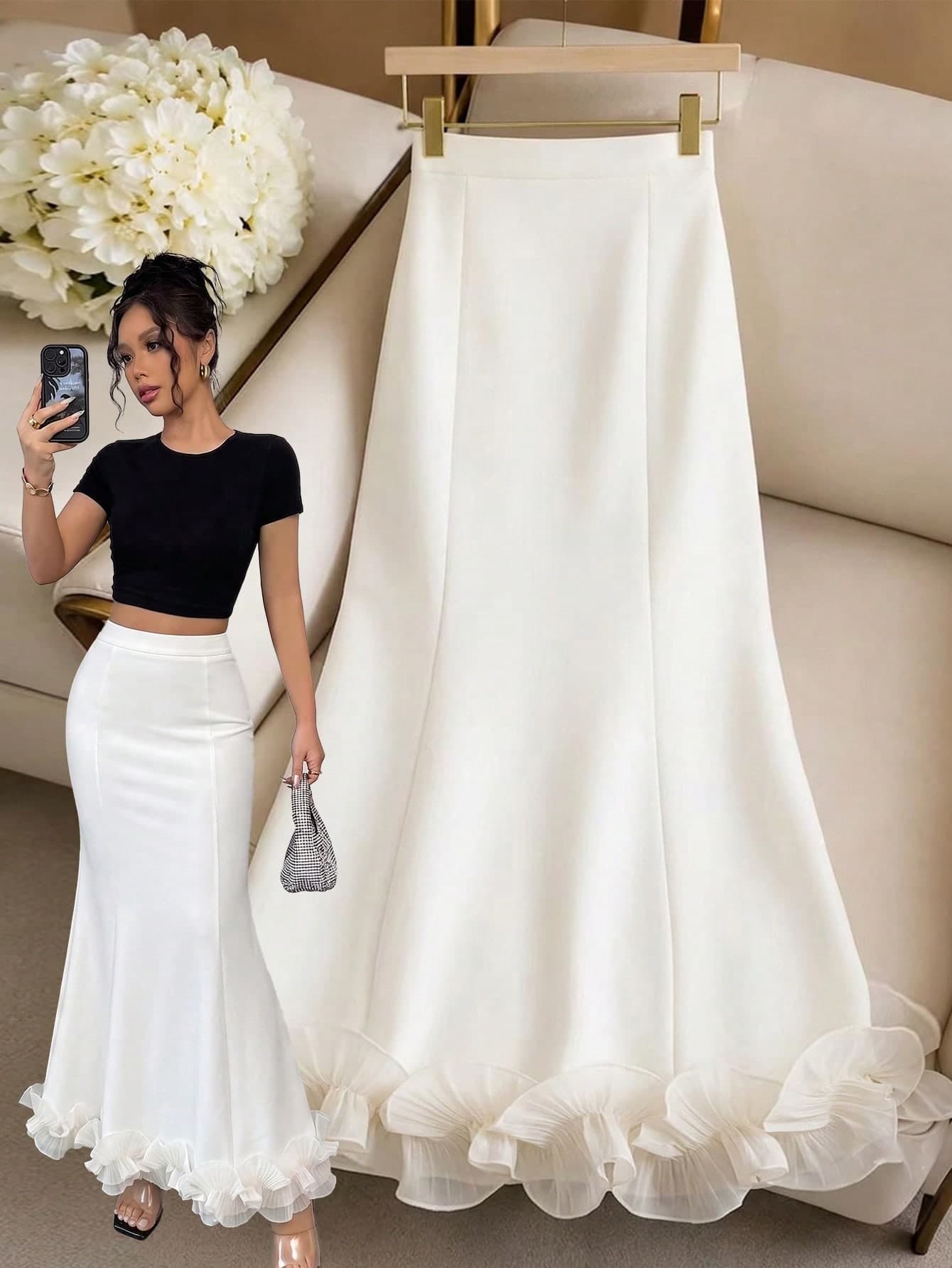 SHEIN Franclia Women's Large Lace Hem Bodycon Fishtail Skirt, Elegant Elegant Commute Outfit, Birthday Party White Skirt, Wedding Guest Outfit