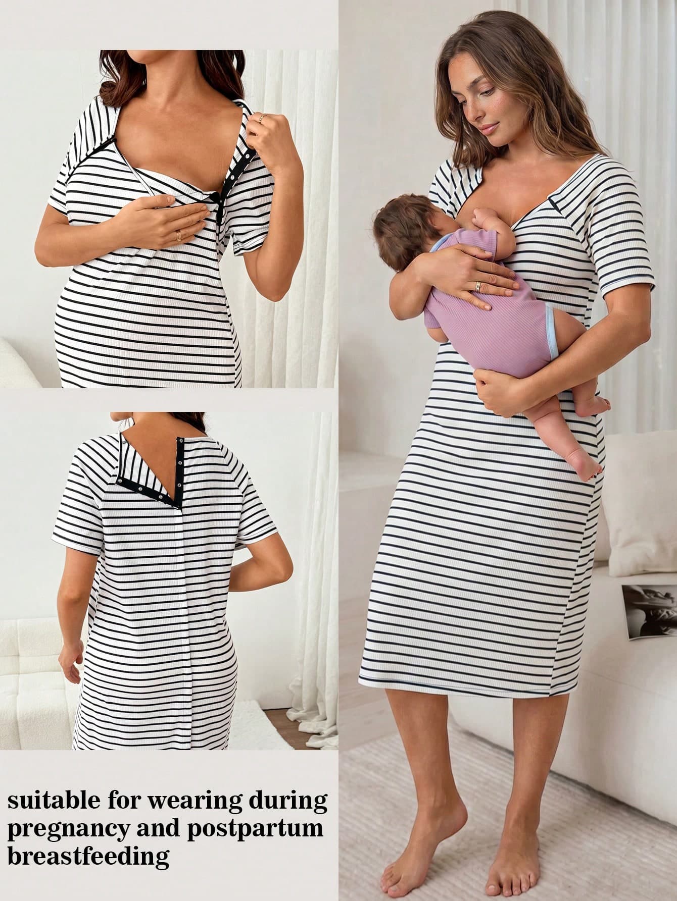Slowluna Maternity Nursing Striped Color Block Short Sleeve Dress Loungewear Pajama Nightgown Robe Pajama Dress Loungewear Nightgown Robe Sleepwear 